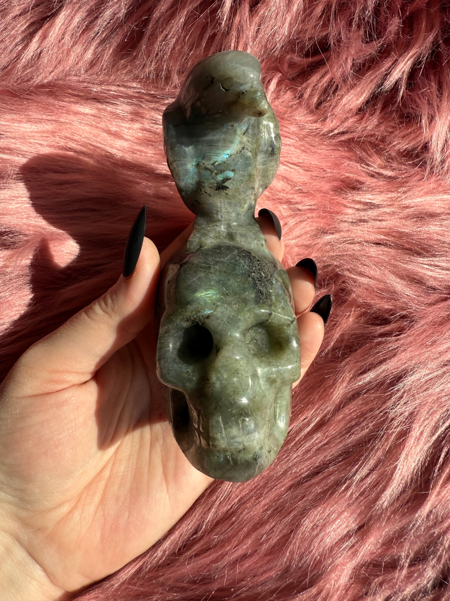Stunning High Quality Labradorite Skull with Bird Carving