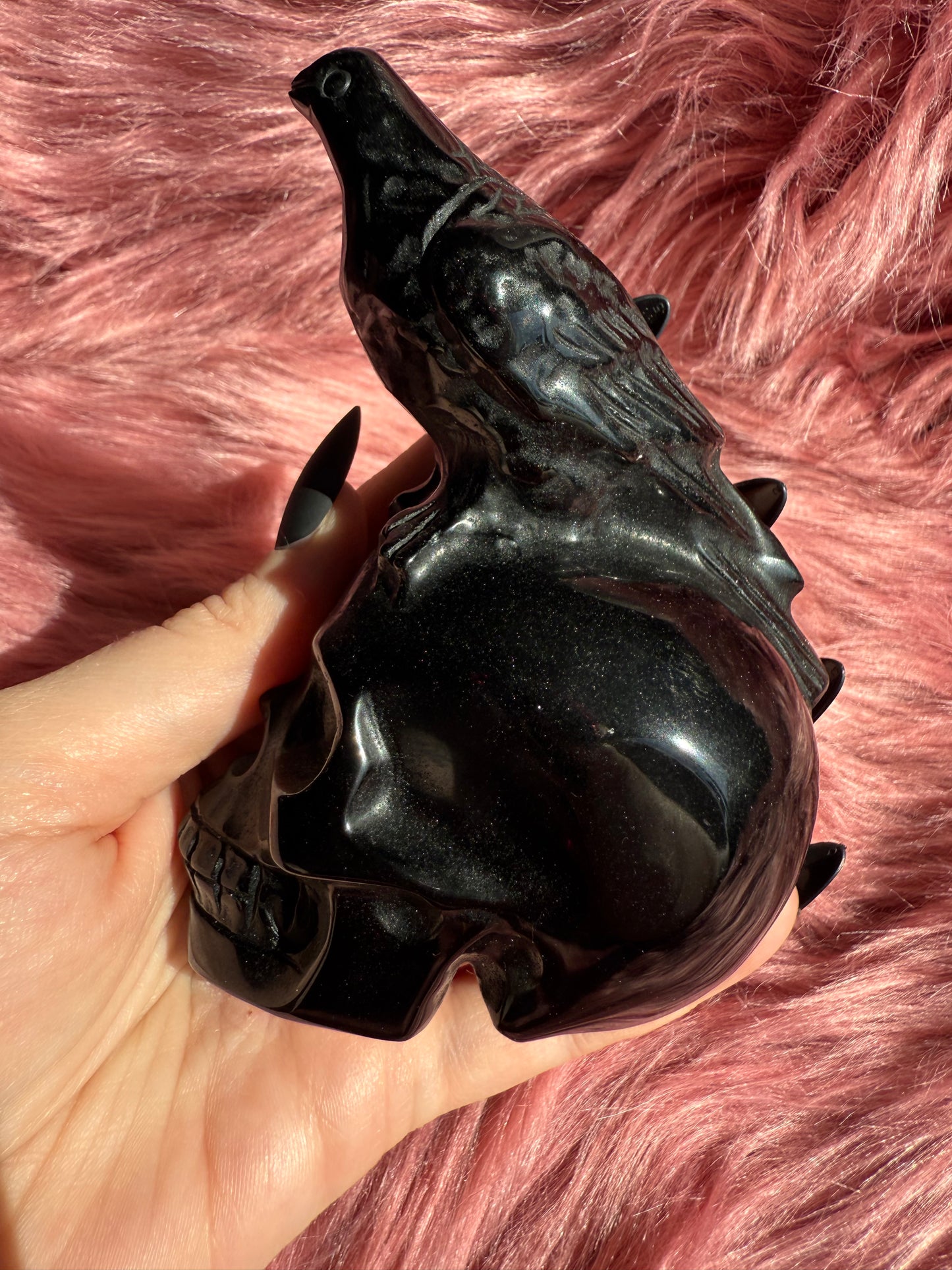 Stunning High Quality Obsidian Skull with Bird Carving