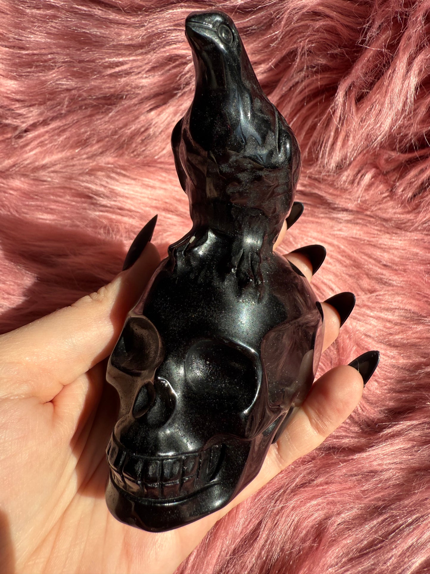 Stunning High Quality Obsidian Skull with Bird Carving