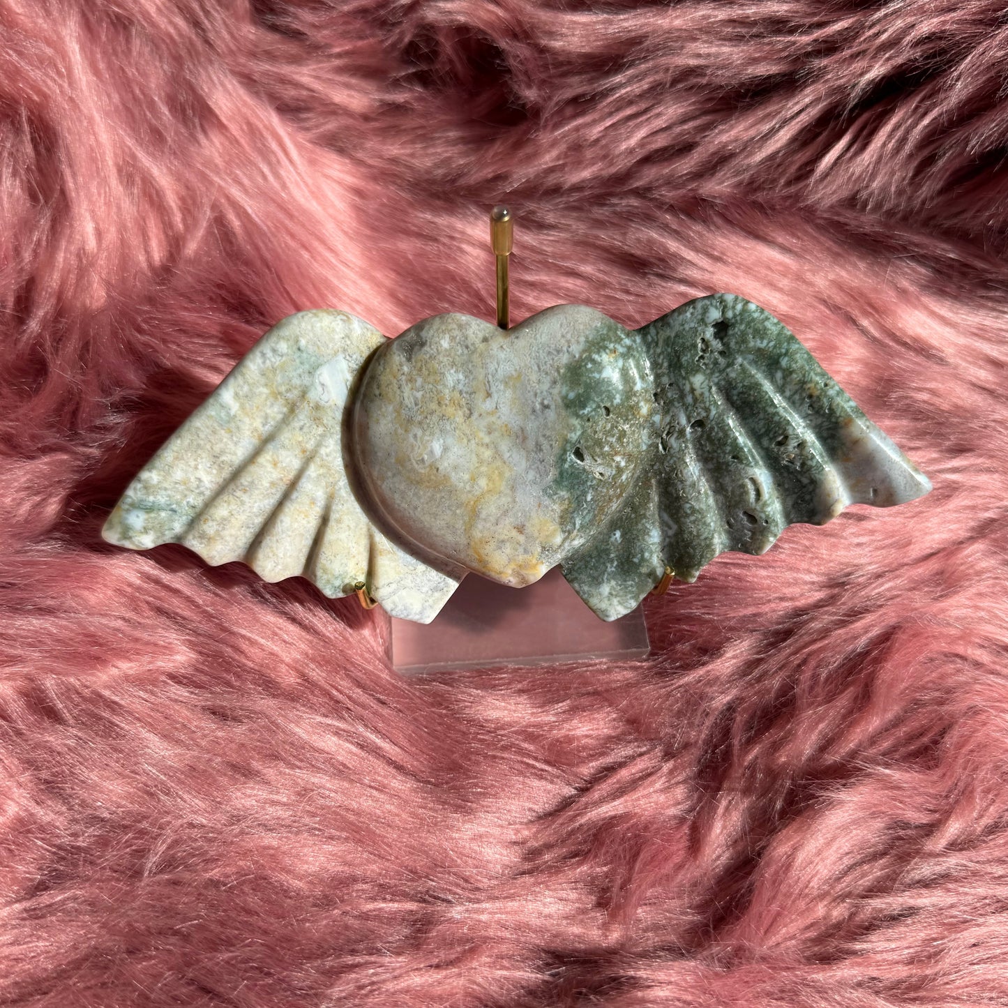 Stunning High Quality Moss Agate Heart with Wings Carving INCLUDES STAND