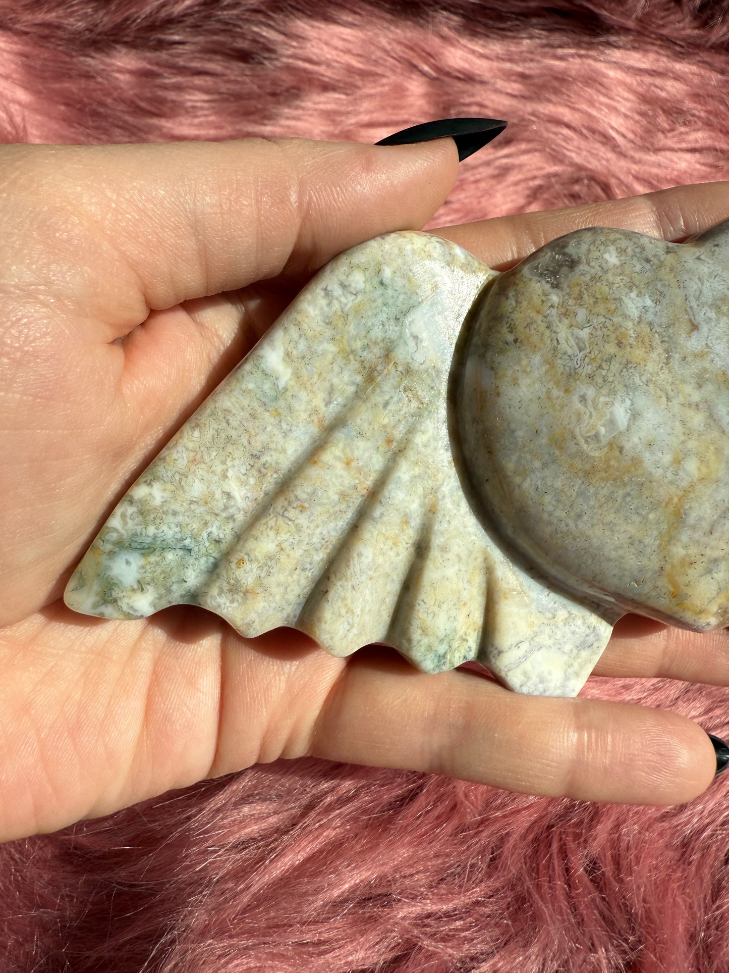 Stunning High Quality Moss Agate Heart with Wings Carving INCLUDES STAND