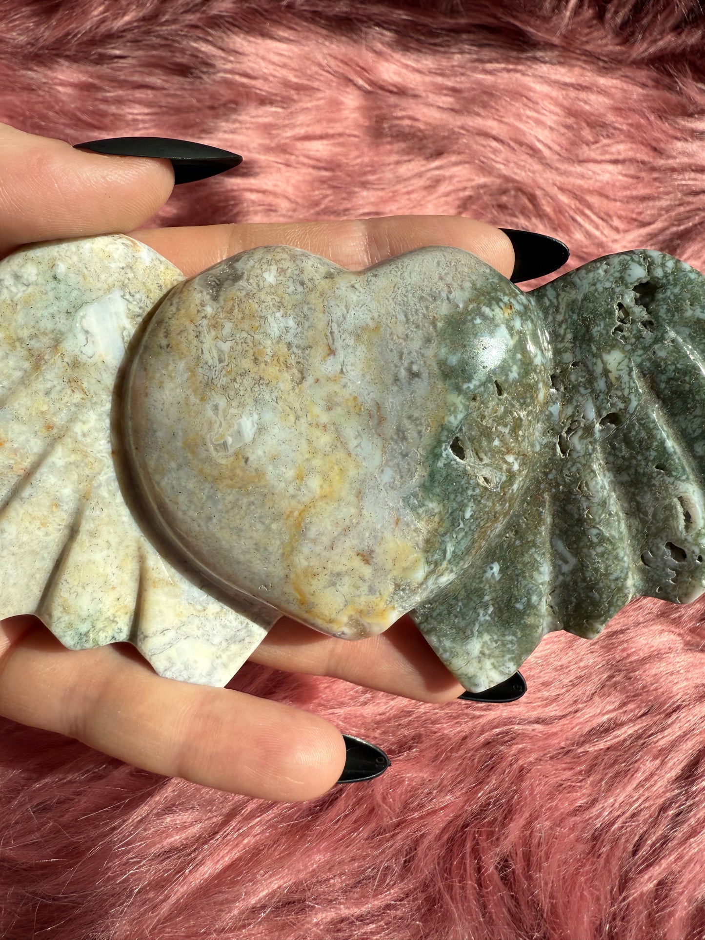 Stunning High Quality Moss Agate Heart with Wings Carving INCLUDES STAND