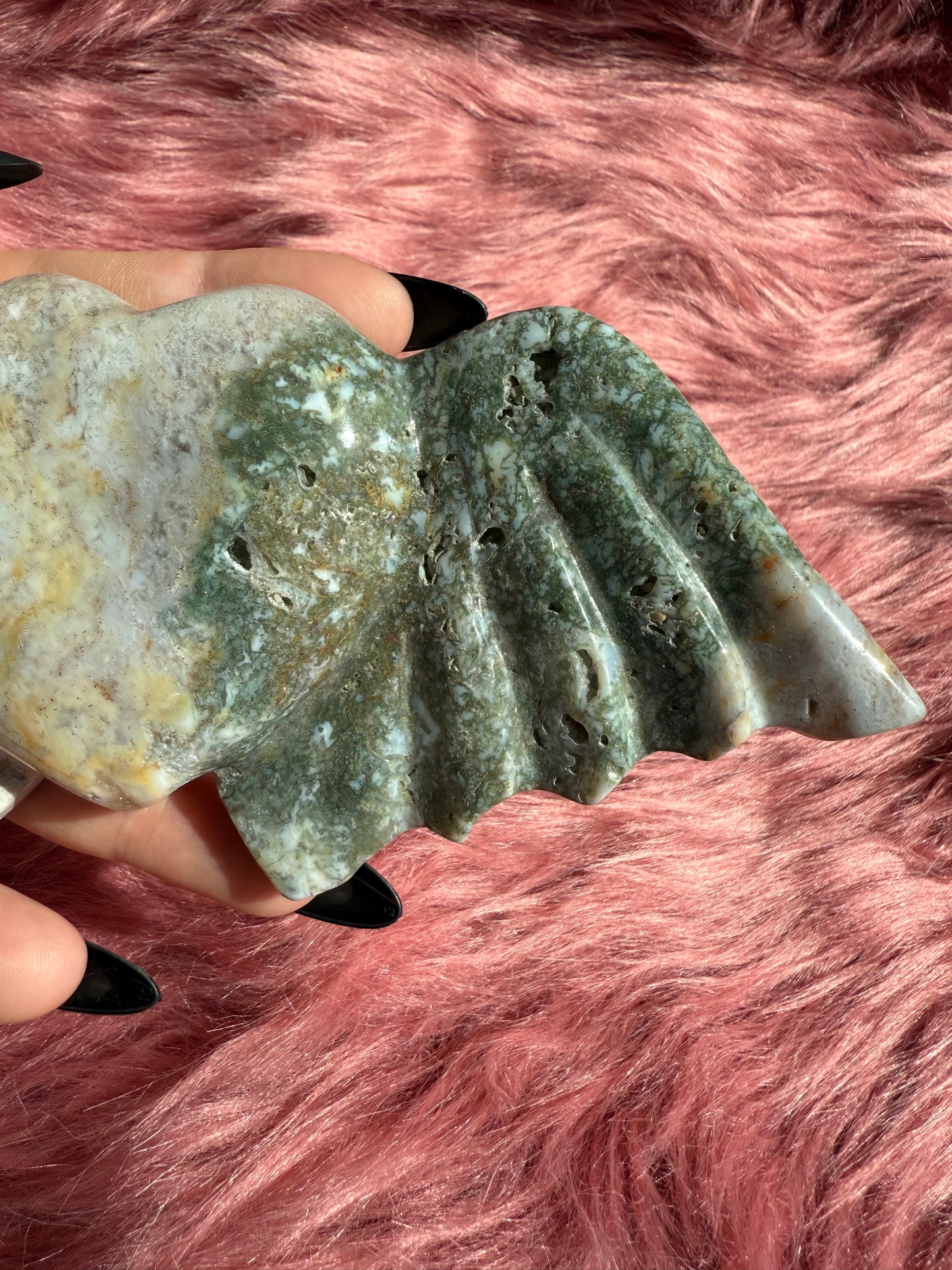 Stunning High Quality Moss Agate Heart with Wings Carving INCLUDES STAND