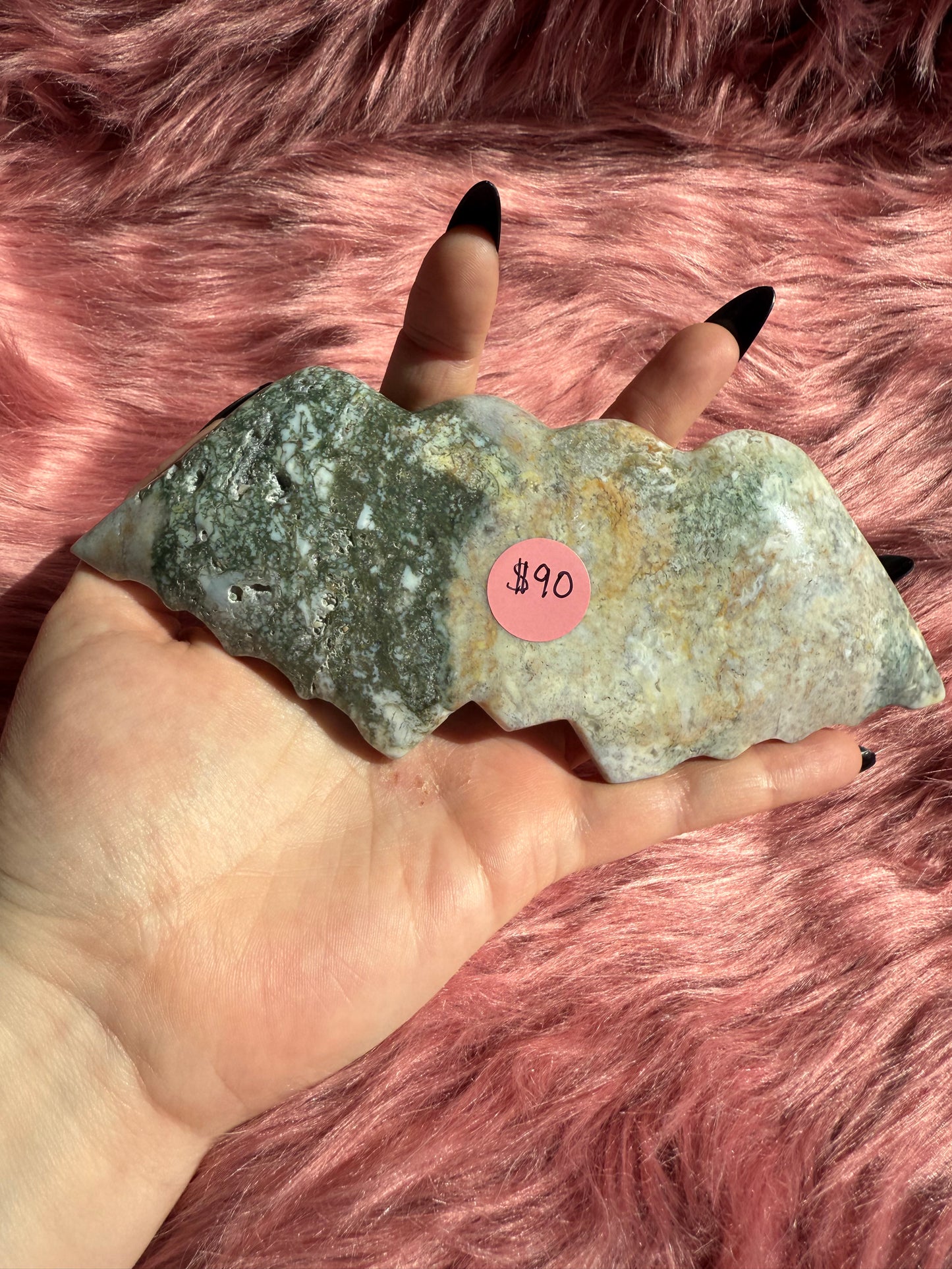 Stunning High Quality Moss Agate Heart with Wings Carving INCLUDES STAND