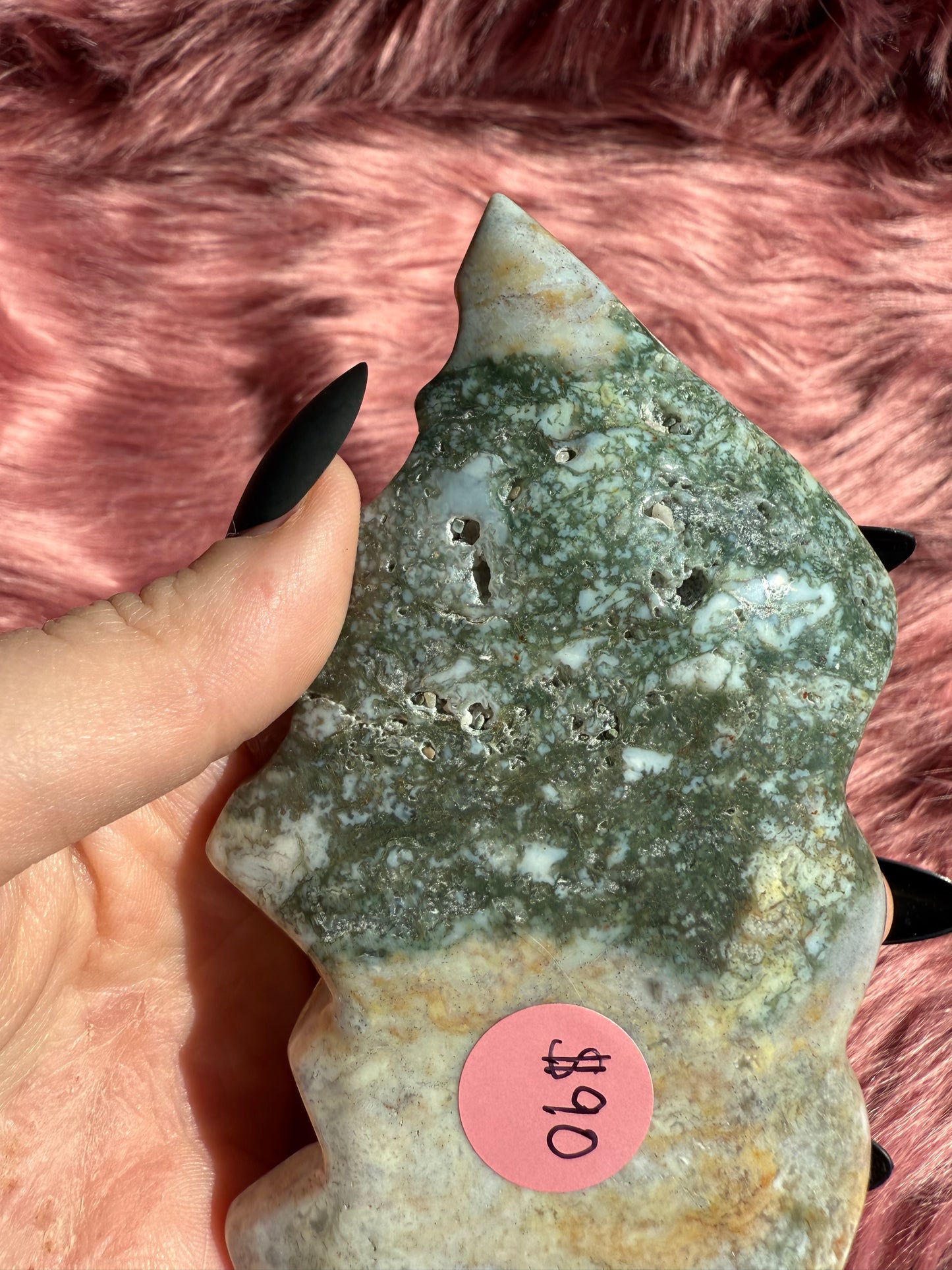 Stunning High Quality Moss Agate Heart with Wings Carving INCLUDES STAND