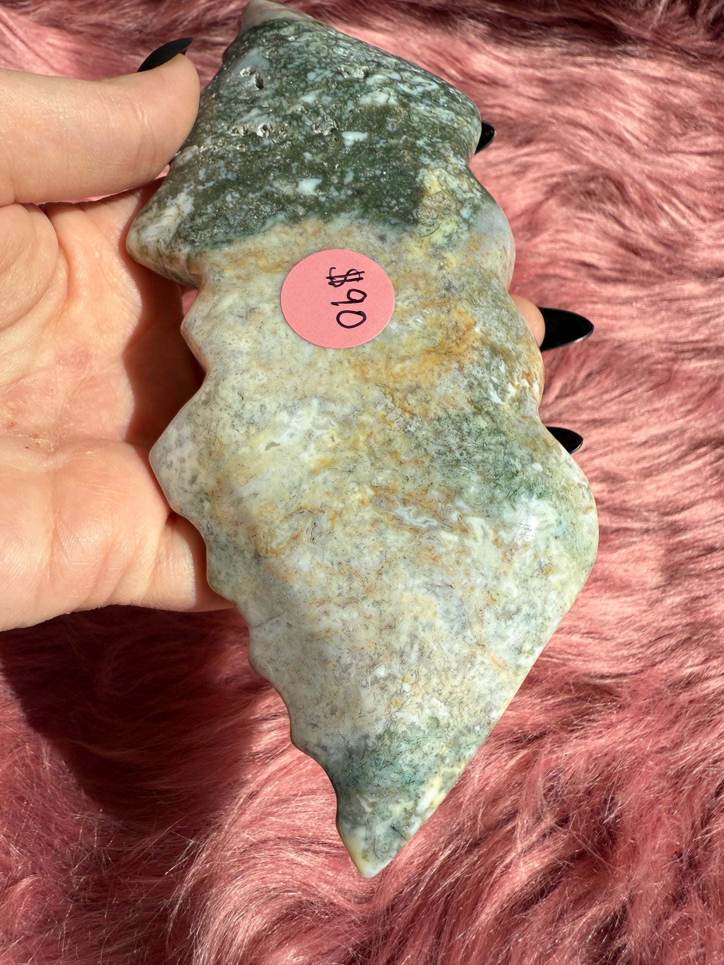 Stunning High Quality Moss Agate Heart with Wings Carving INCLUDES STAND