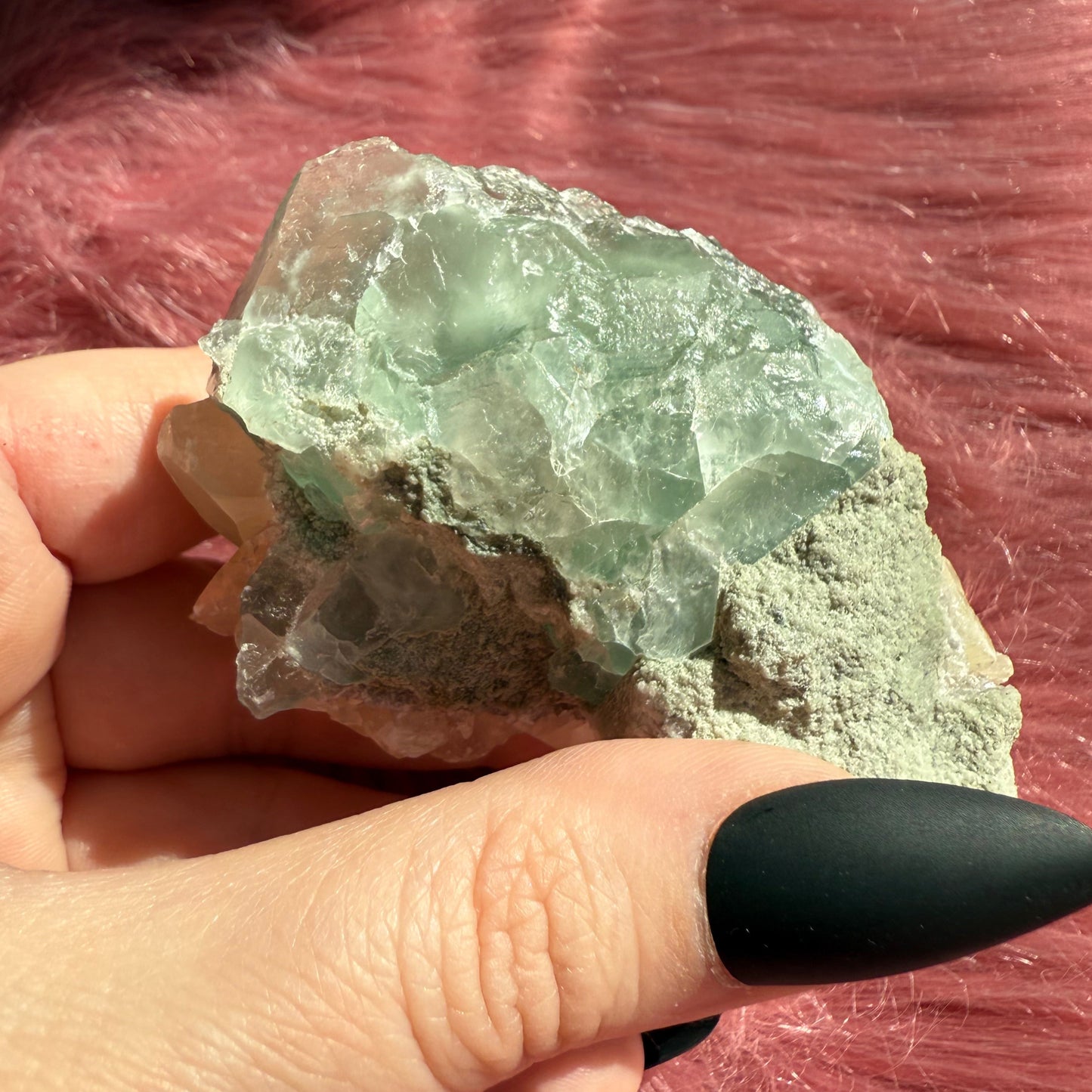 Stunning Small Blue Green Fluorite Specimen with Calcite, includes Display Stand