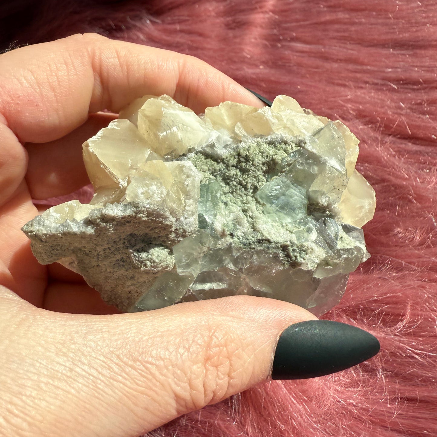 Stunning Small Blue Green Fluorite Specimen with Calcite, includes Display Stand