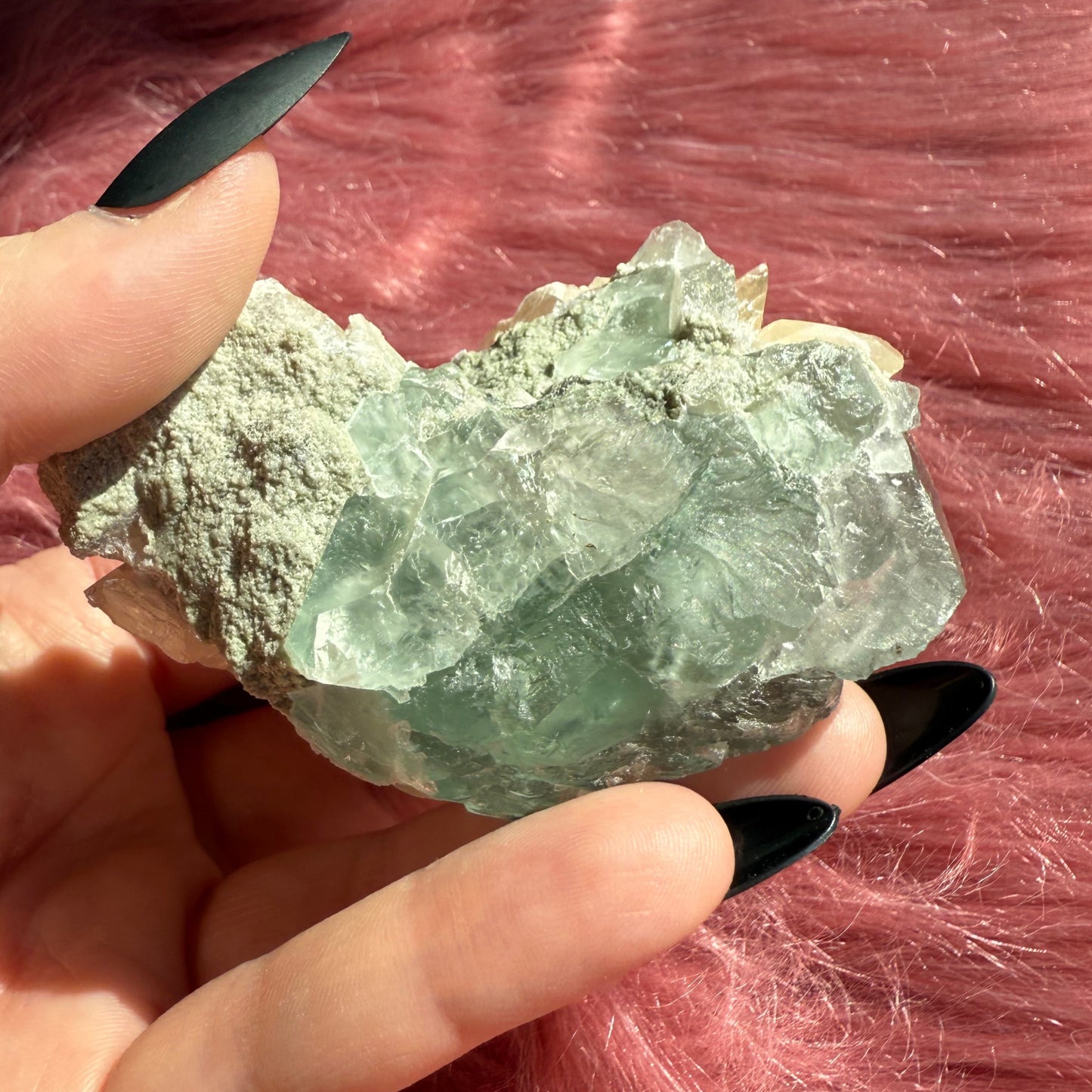 Stunning Small Blue Green Fluorite Specimen with Calcite, includes Display Stand