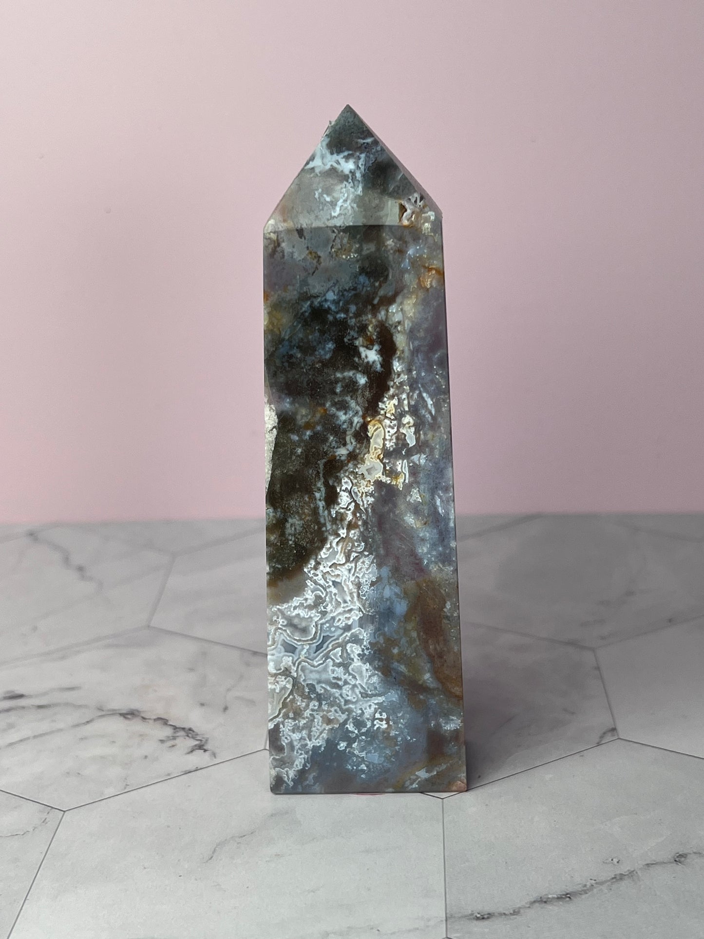 ONE (1) Stunning High Quality Purple Moss Agate x Sea Jasper Tower