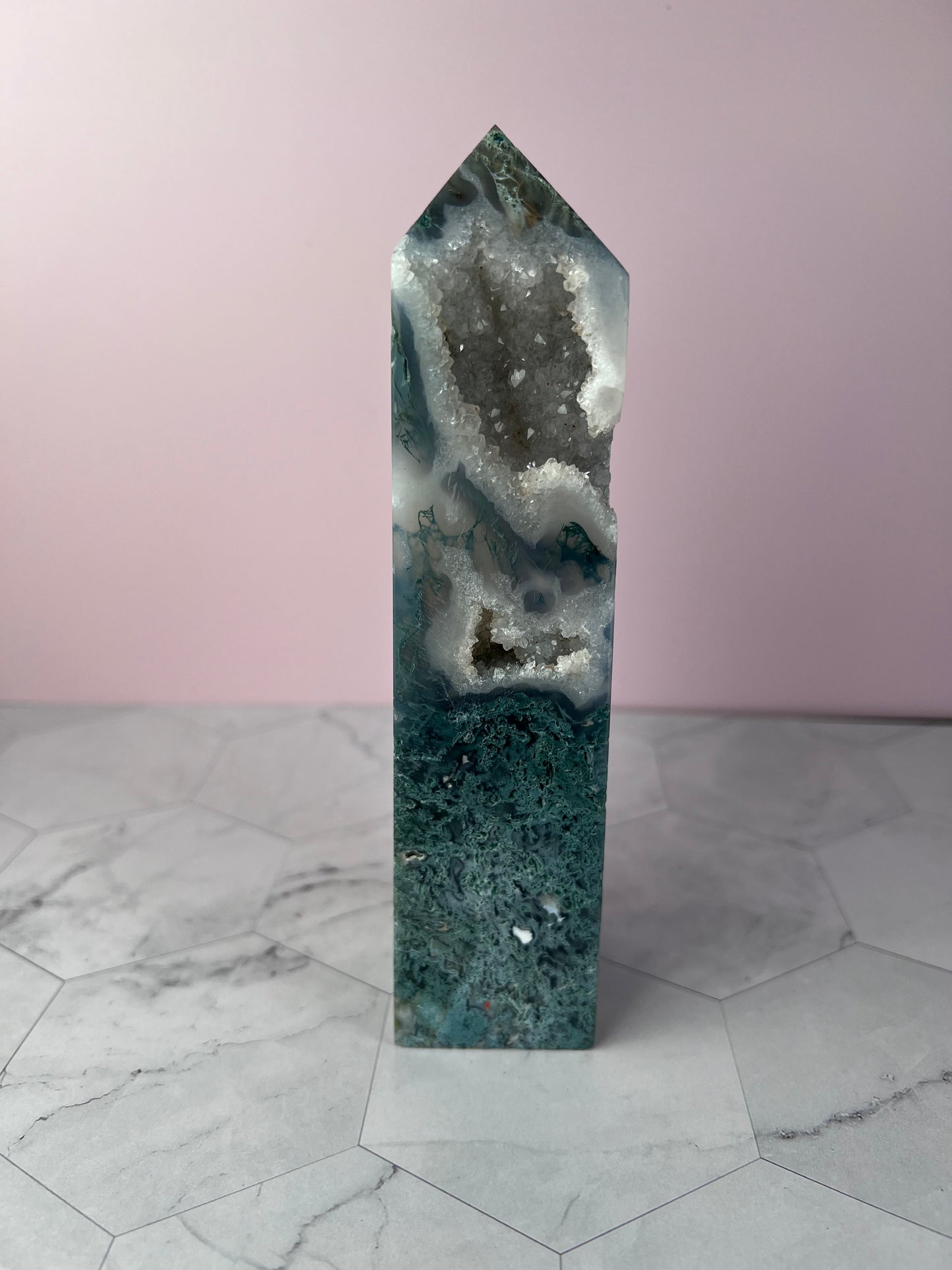 Stunning High Quality Druzy Moss Agate Tower