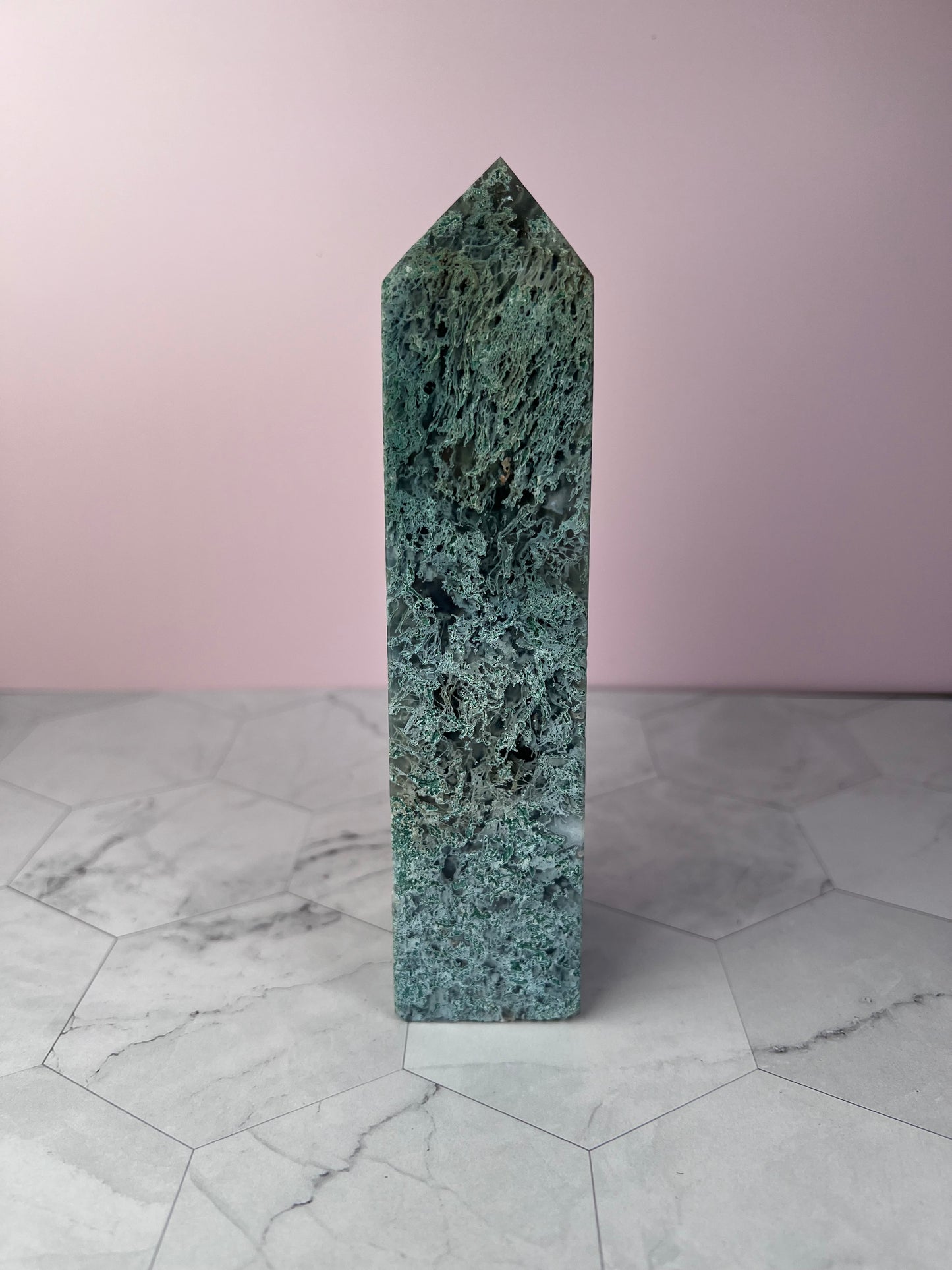 Stunning High Quality Druzy Moss Agate Tower