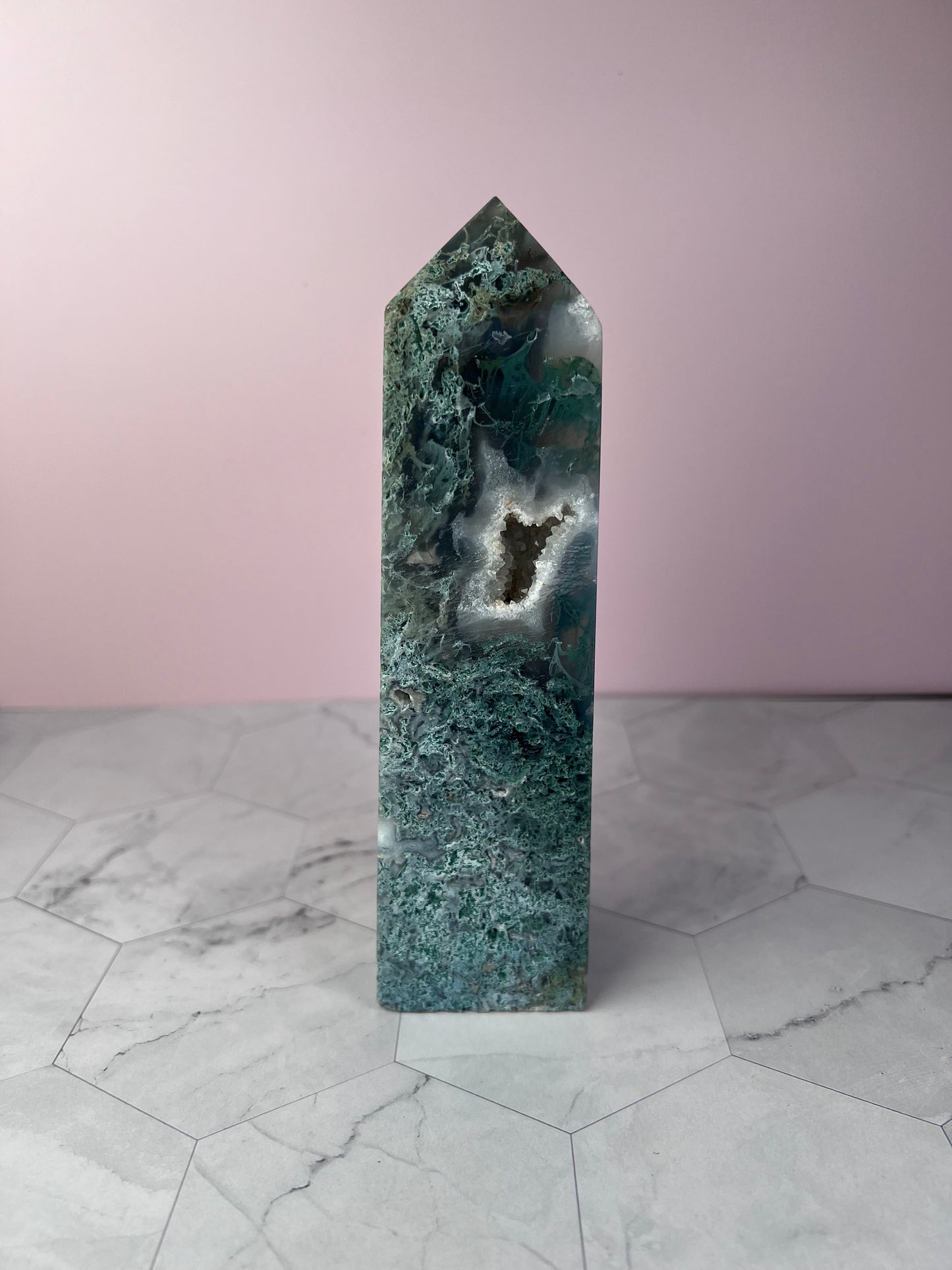 Stunning High Quality Druzy Moss Agate Tower