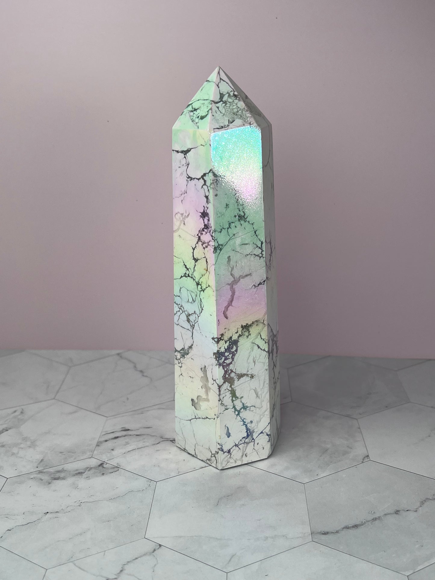 ONE (1) Stunning High Quality Rainbow Aura Howlite Tower
