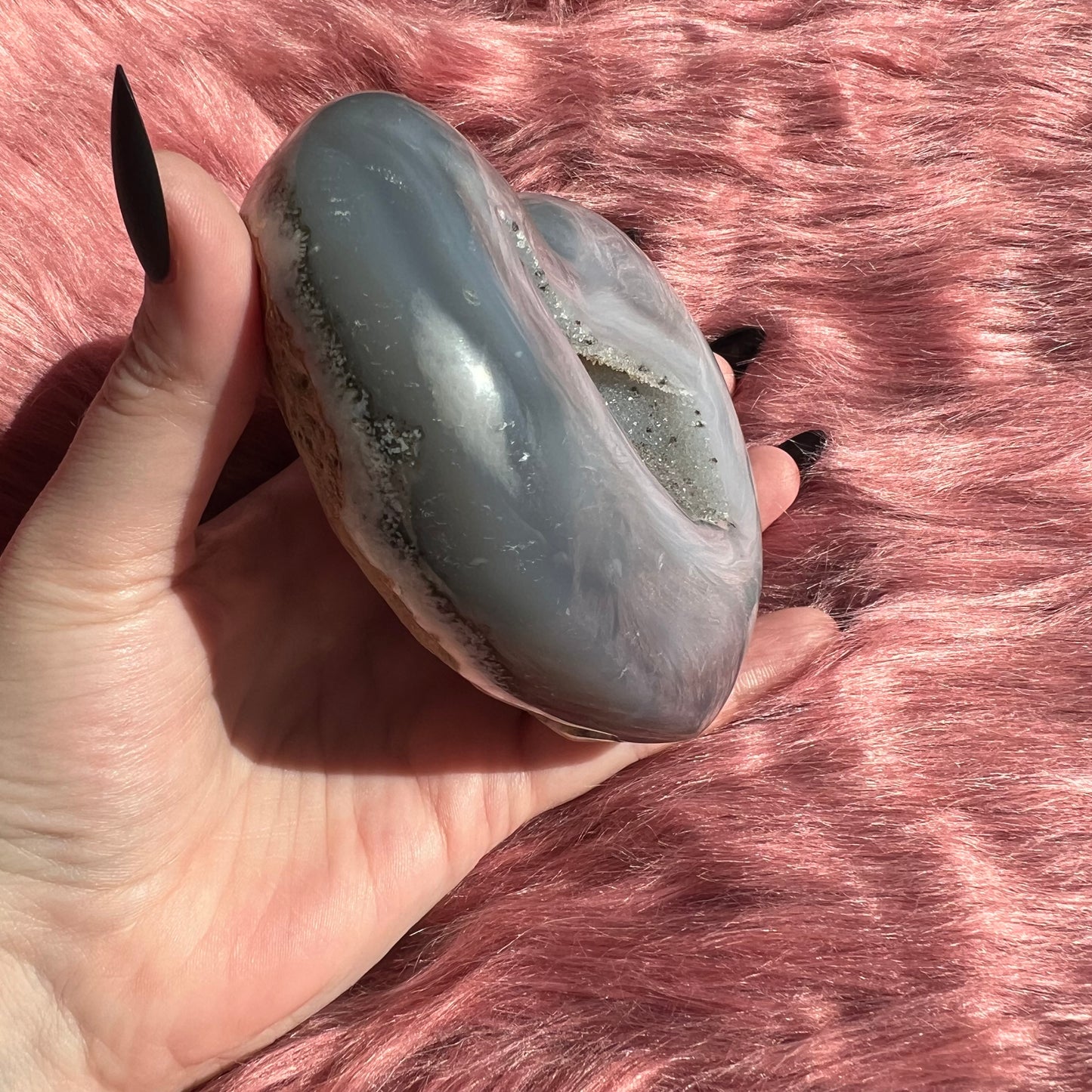 Stunning Extra Large Half Raw Agate with Druzy Heart Carving