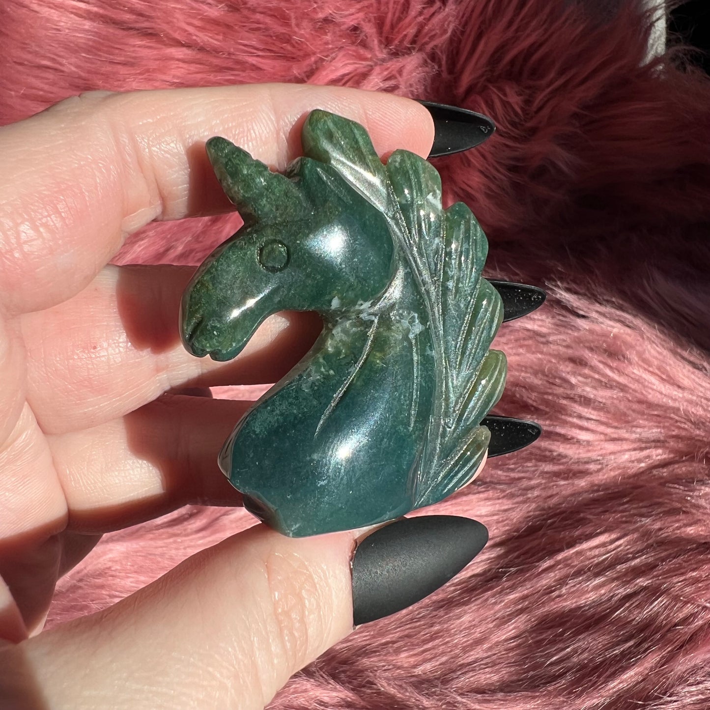 Stunning High Quality Moss Agate Unicorn Carving - C