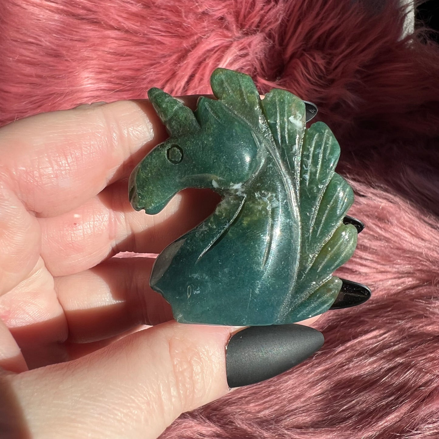Stunning High Quality Moss Agate Unicorn Carving - C