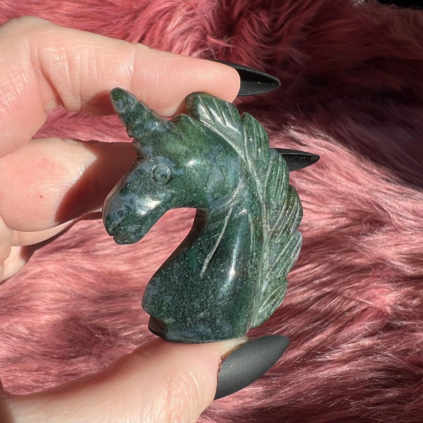 Stunning High Quality Moss Agate Unicorn Carving - E