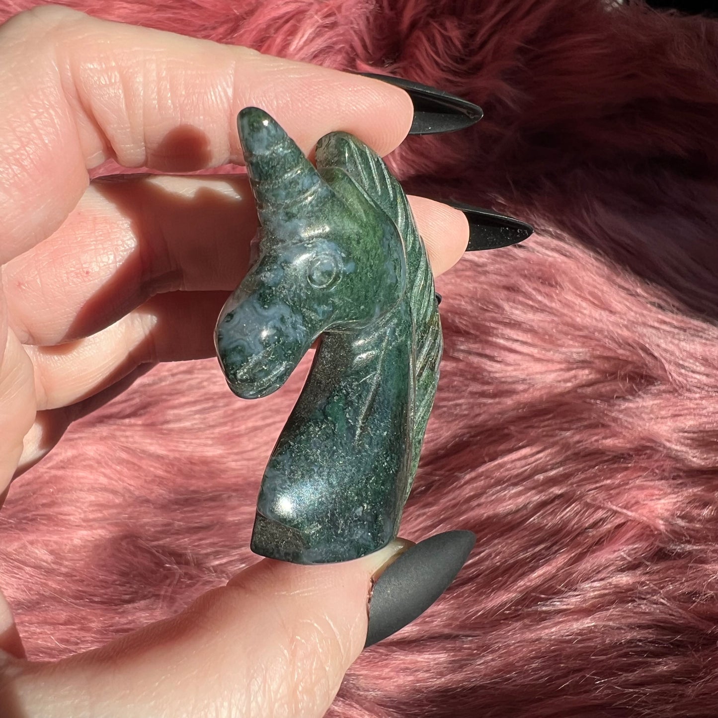 Stunning High Quality Moss Agate Unicorn Carving - E