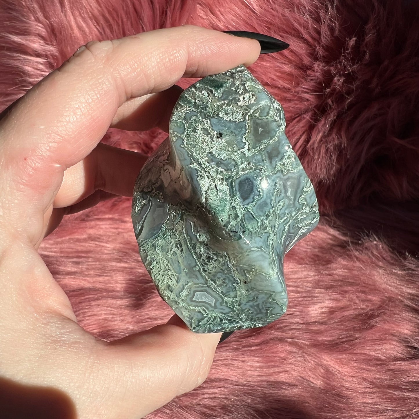 Stunning Blue Green Moss Agate Flame - A