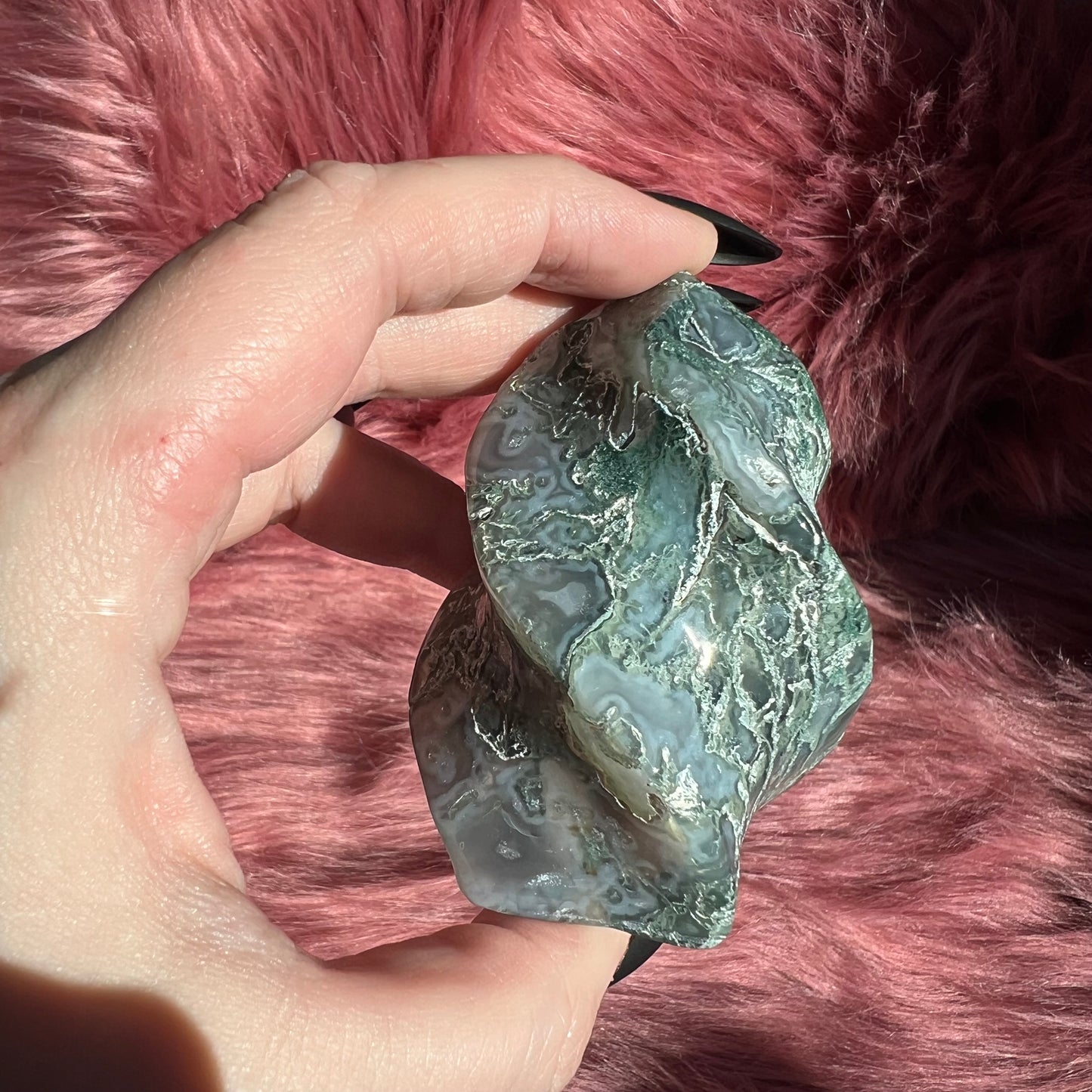 Stunning Blue Green Moss Agate Flame - A