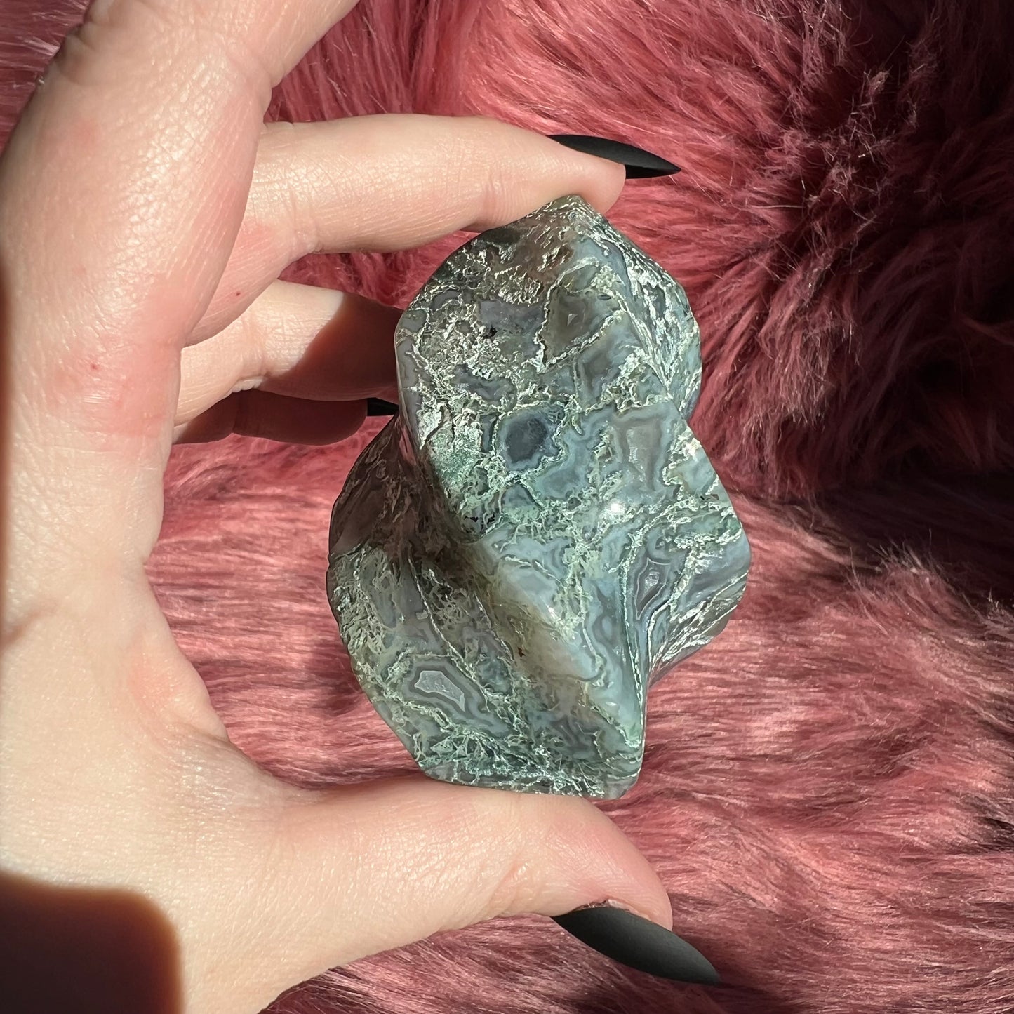 Stunning Blue Green Moss Agate Flame - A