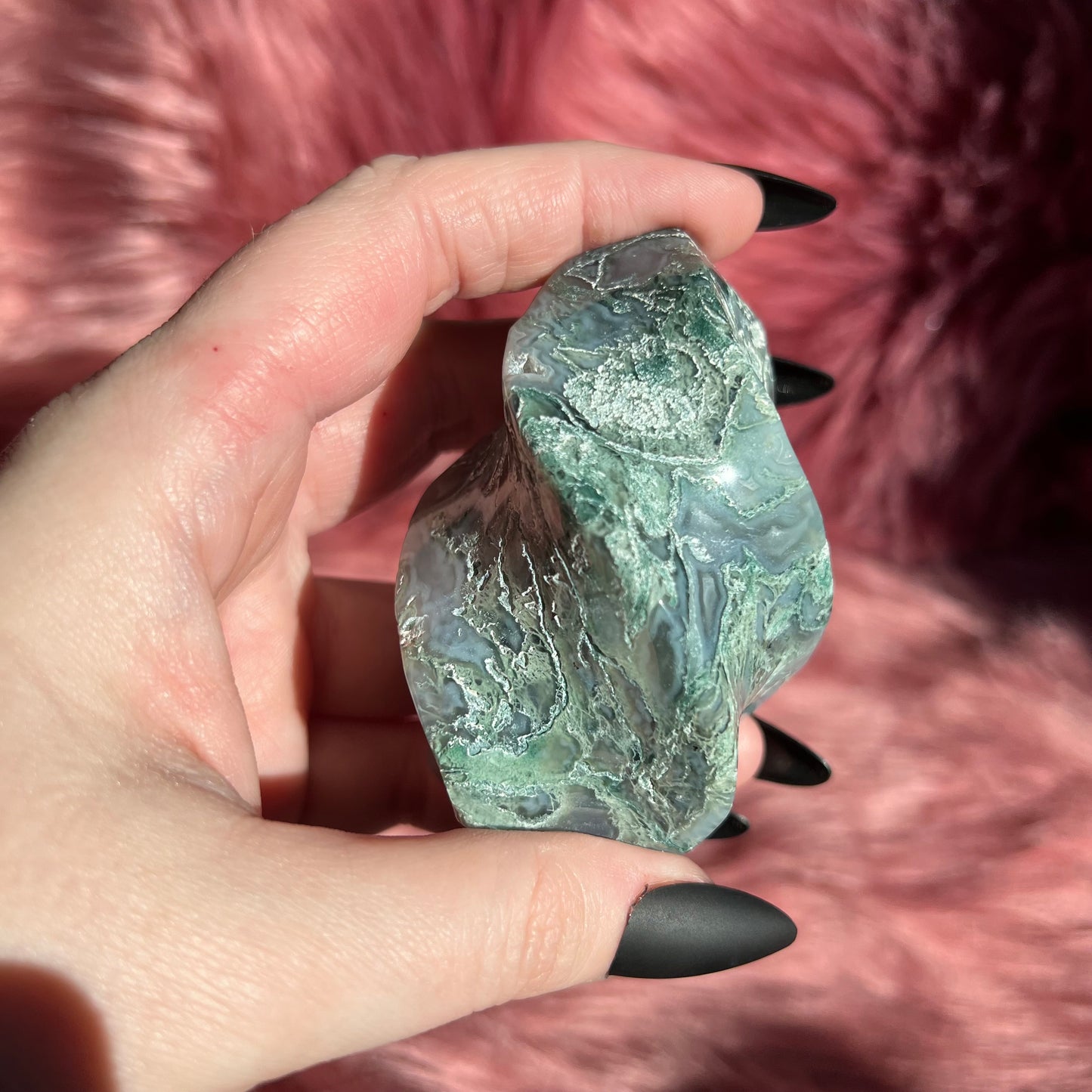 Stunning Blue Green Moss Agate Flame - A