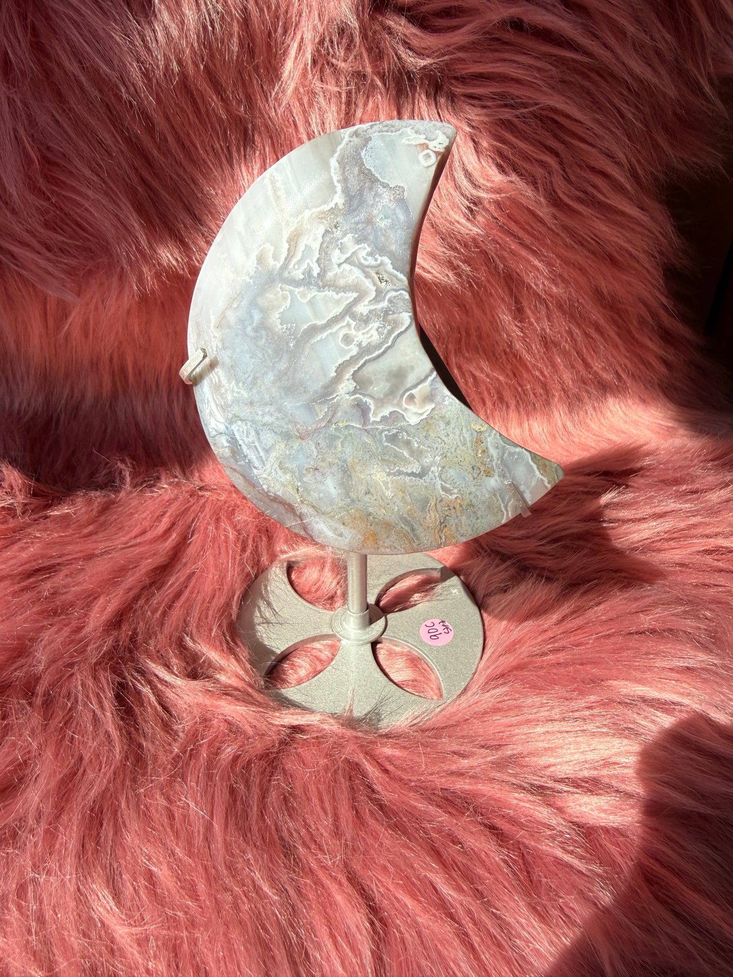 Stunning Moss Agate Moon Carving with Stand - C