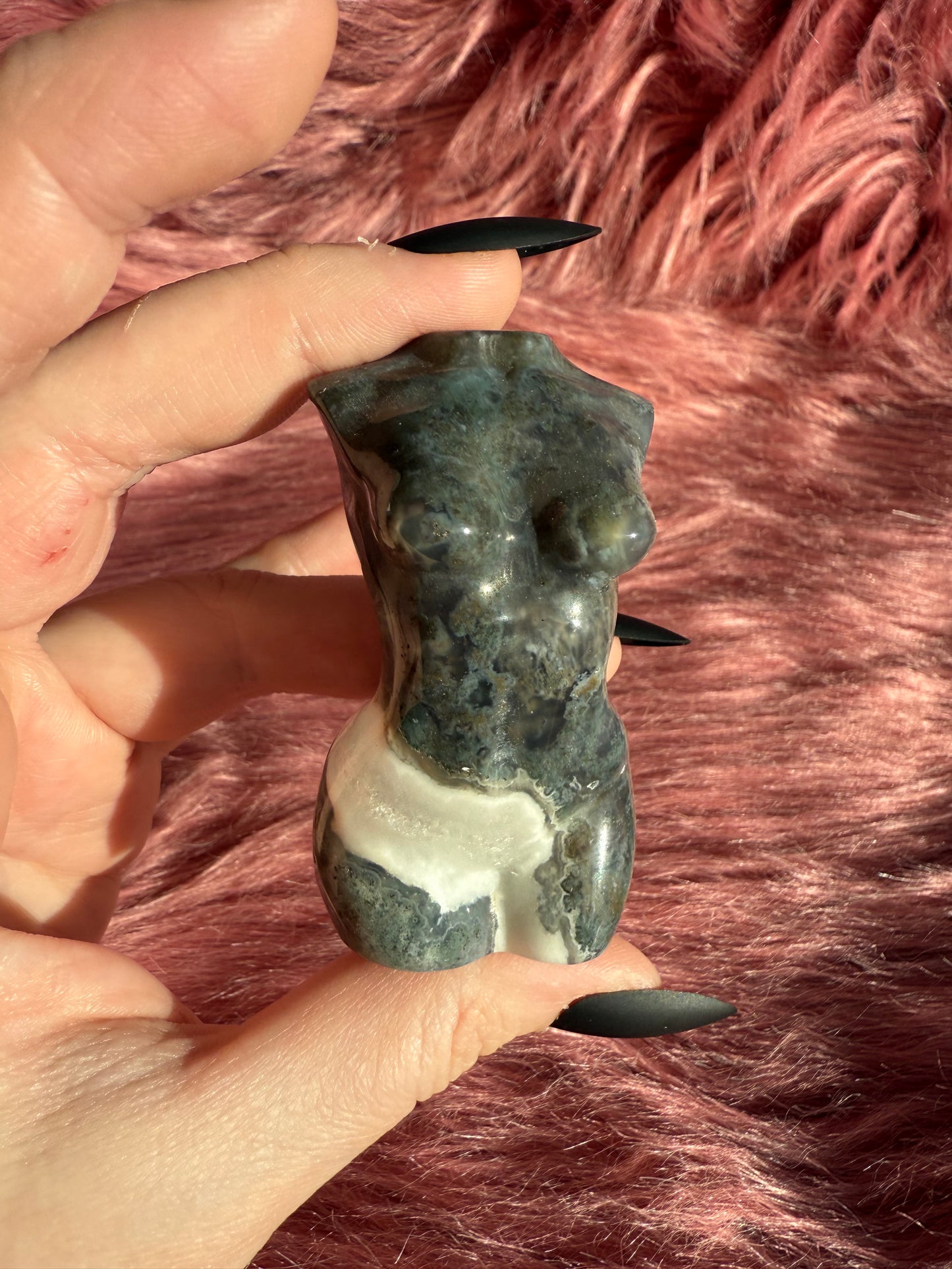 Stunning Blue Green Moss Agate with Quartz Goddess Body - D