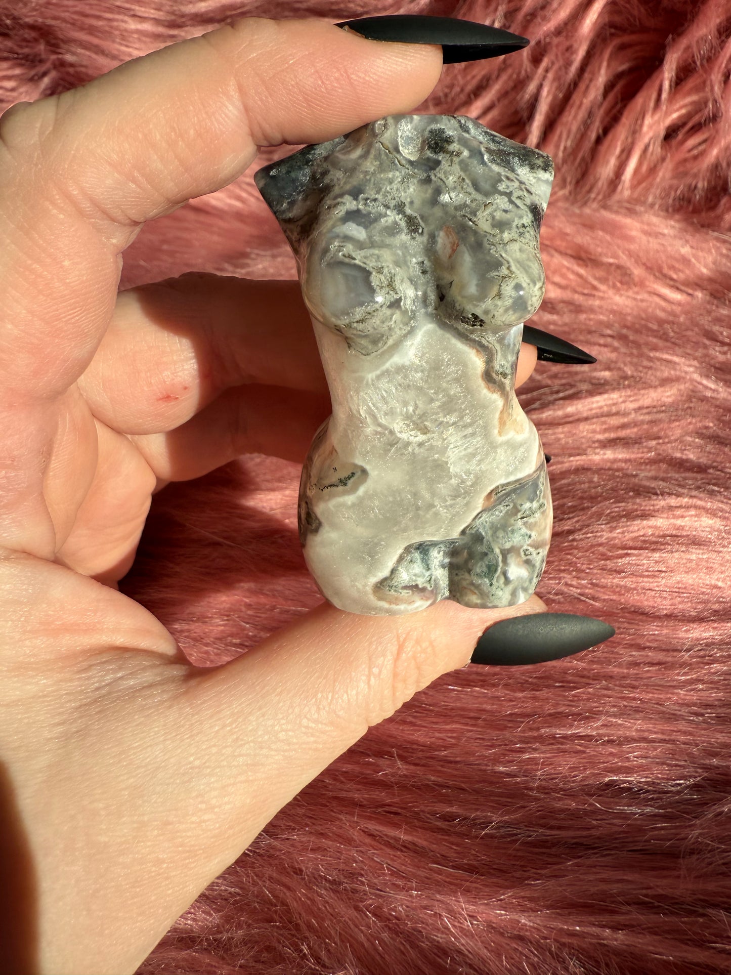 Stunning Blue Green Moss Agate with Quartz Goddess Body - E