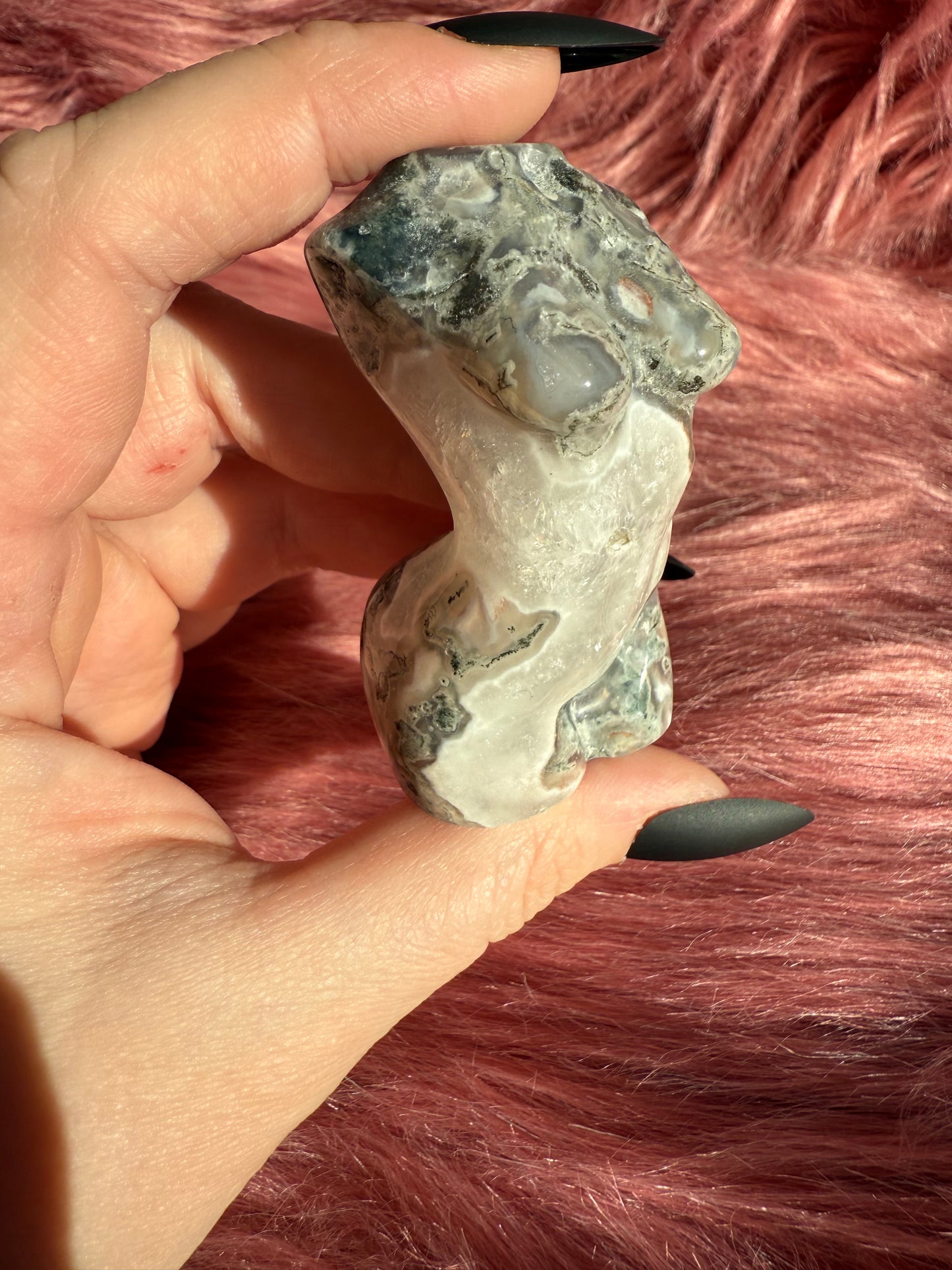 Stunning Blue Green Moss Agate with Quartz Goddess Body - E