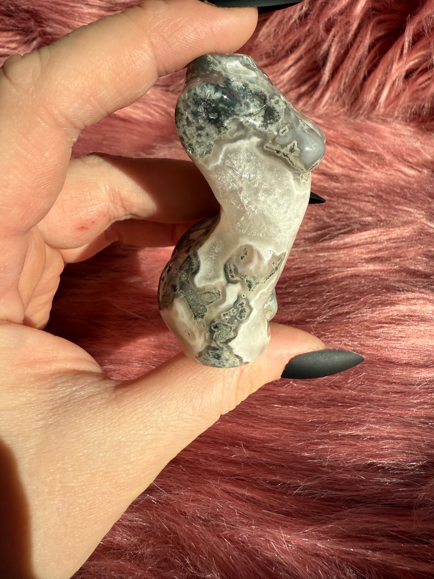 Stunning Blue Green Moss Agate with Quartz Goddess Body - E