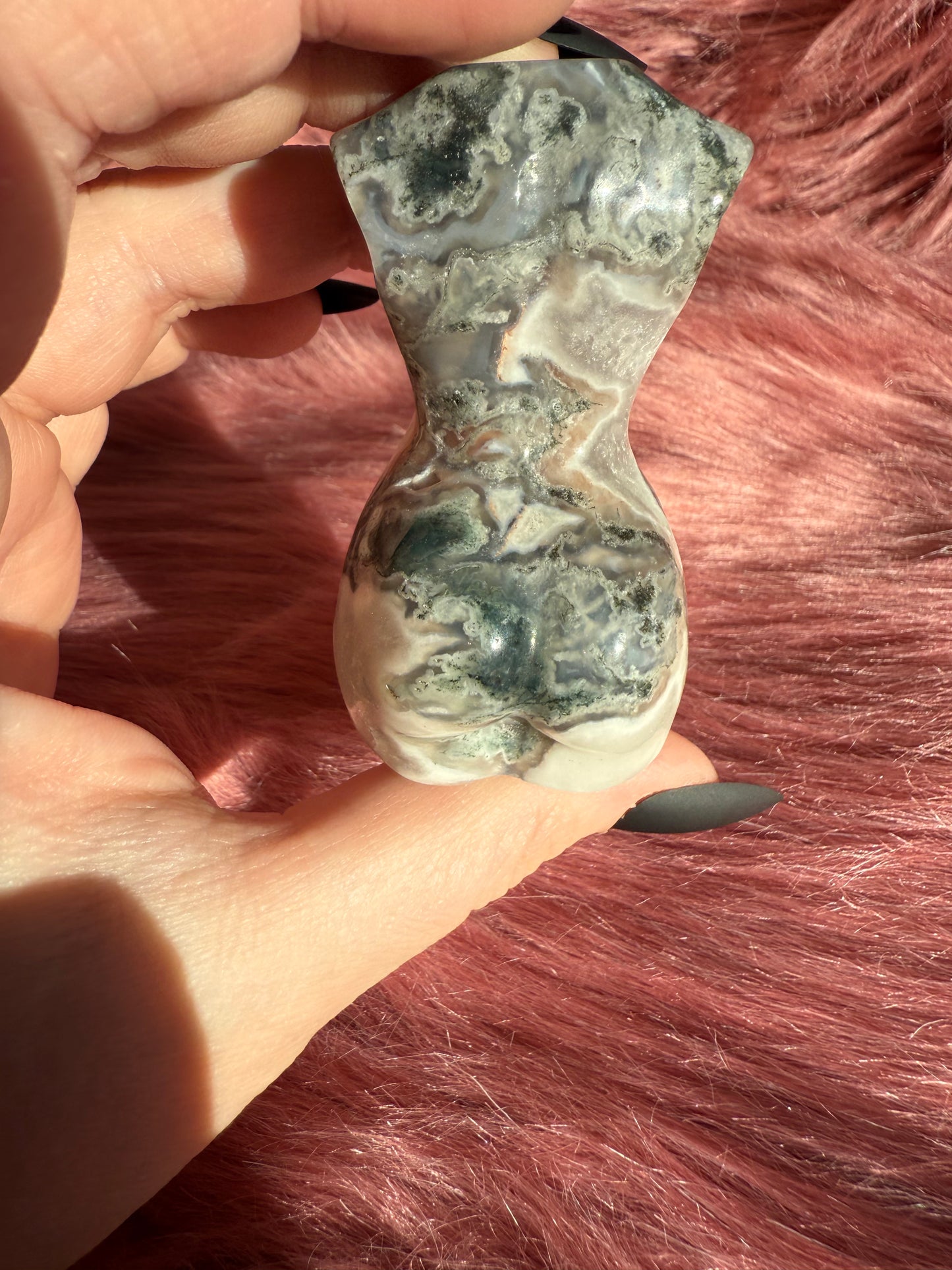 Stunning Blue Green Moss Agate with Quartz Goddess Body - E