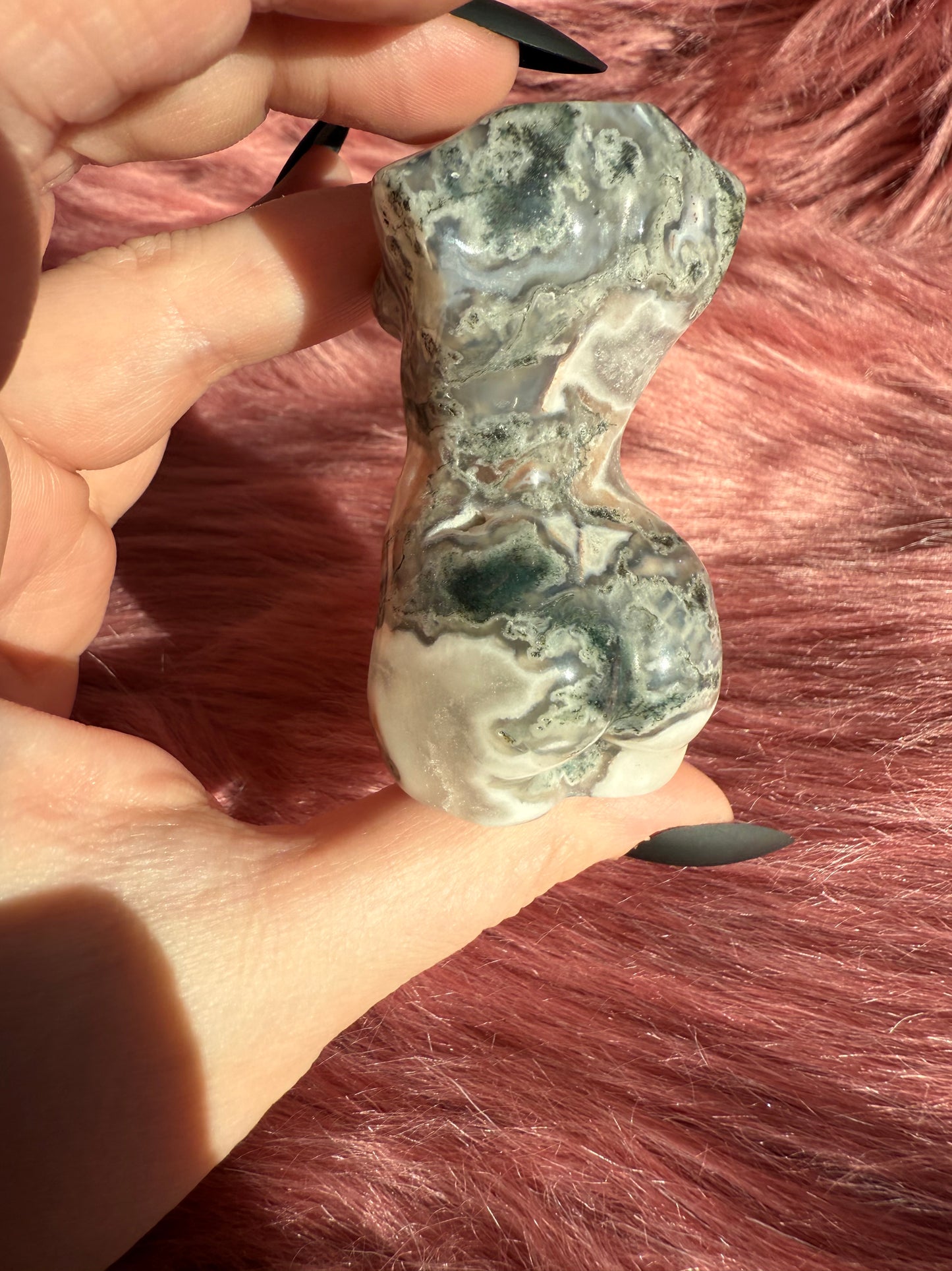 Stunning Blue Green Moss Agate with Quartz Goddess Body - E