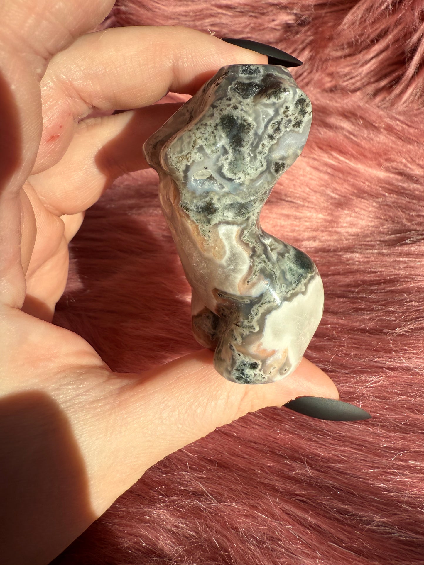 Stunning Blue Green Moss Agate with Quartz Goddess Body - E