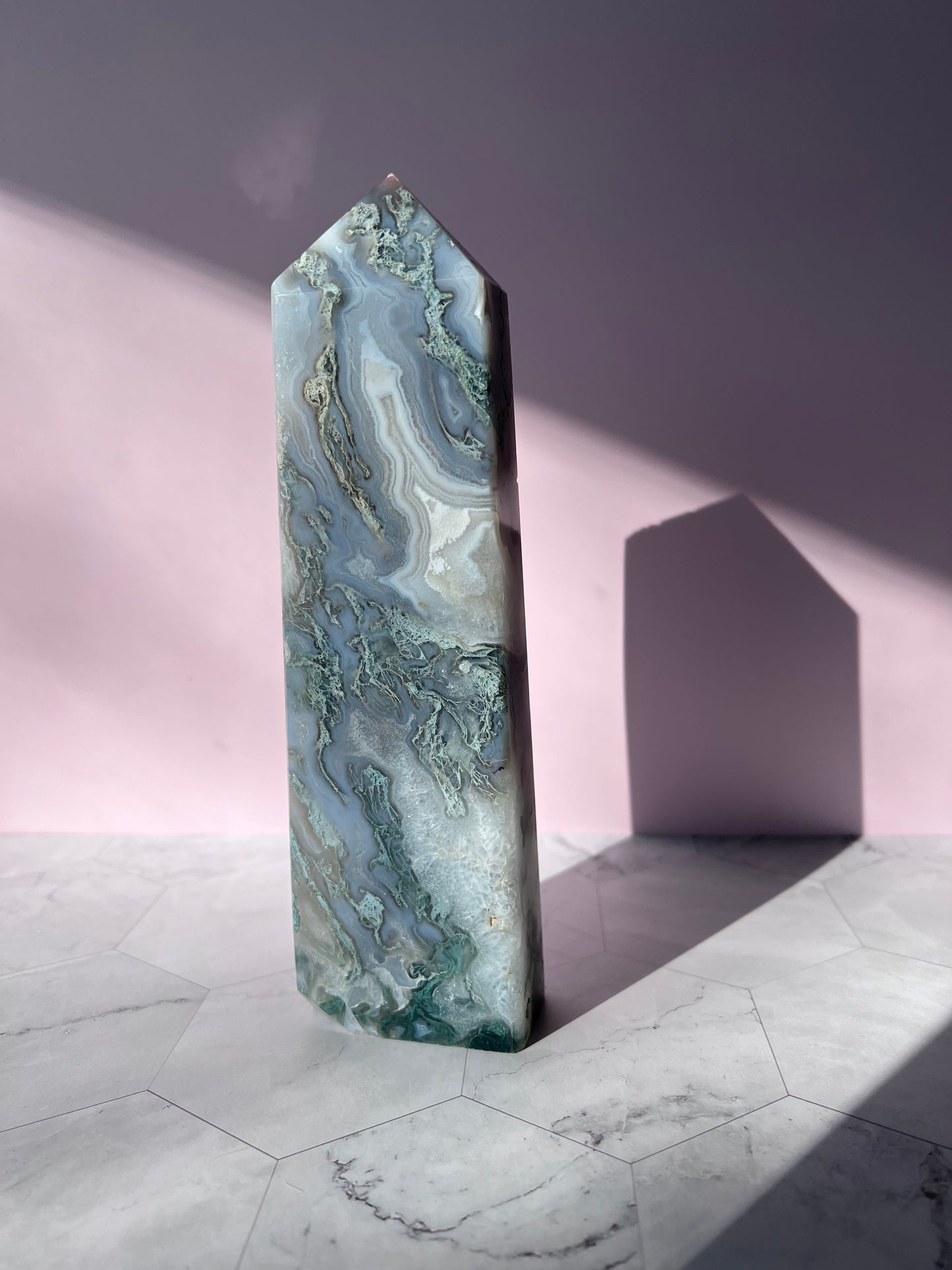 Stunning Druzy Moss Agate Tower - D