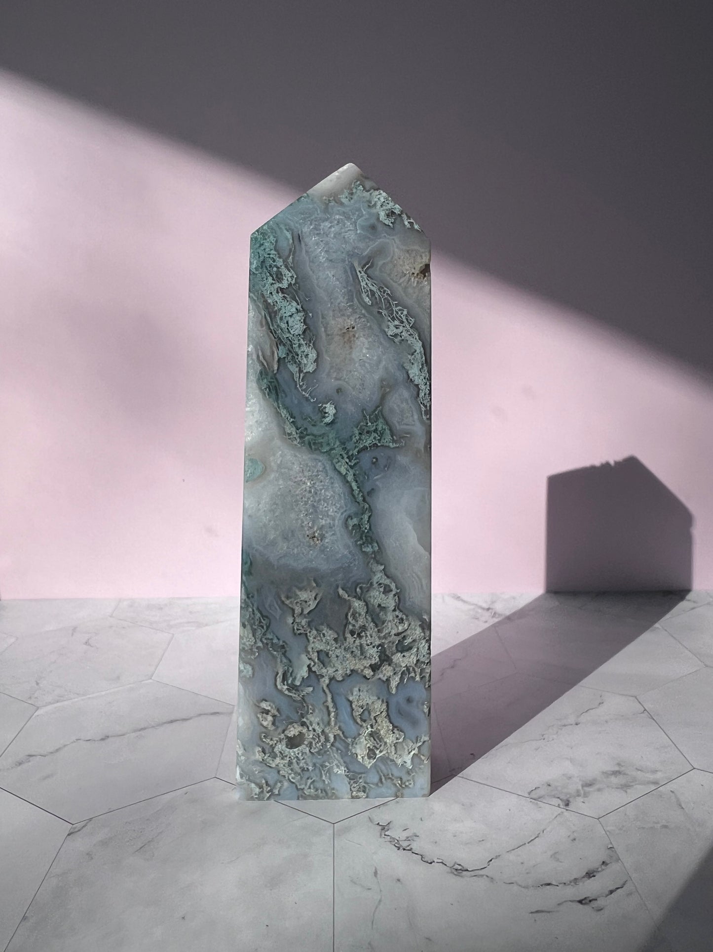Stunning Druzy Moss Agate Tower - B
