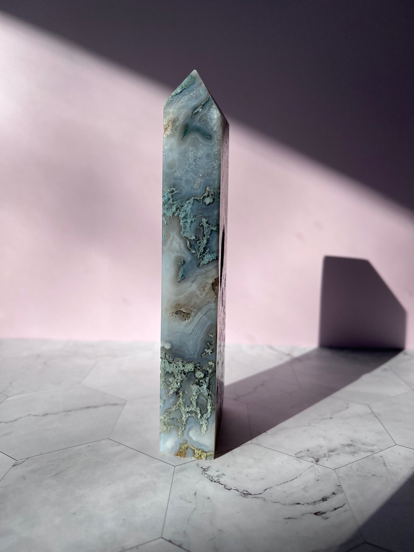 Stunning Druzy Moss Agate Tower - B