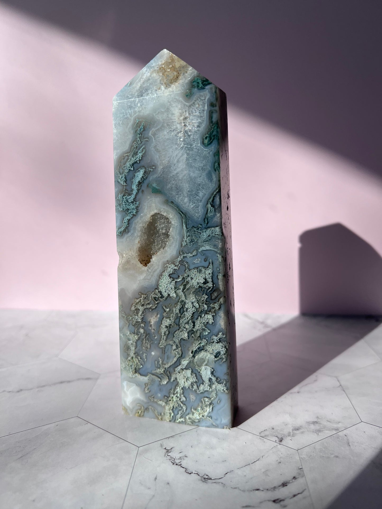 Stunning Druzy Moss Agate Tower - B