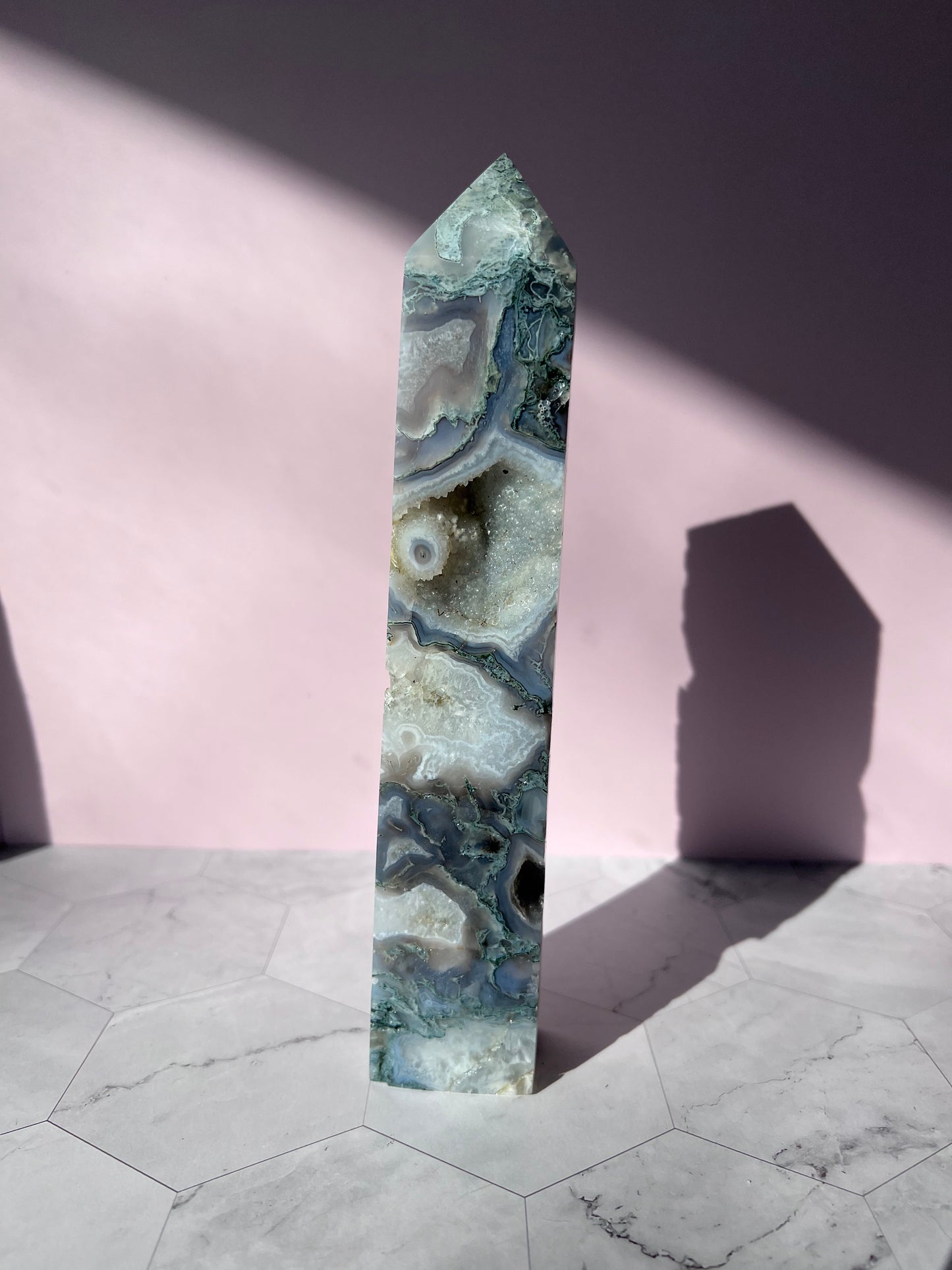 Stunning Druzy Moss Agate Tower - C