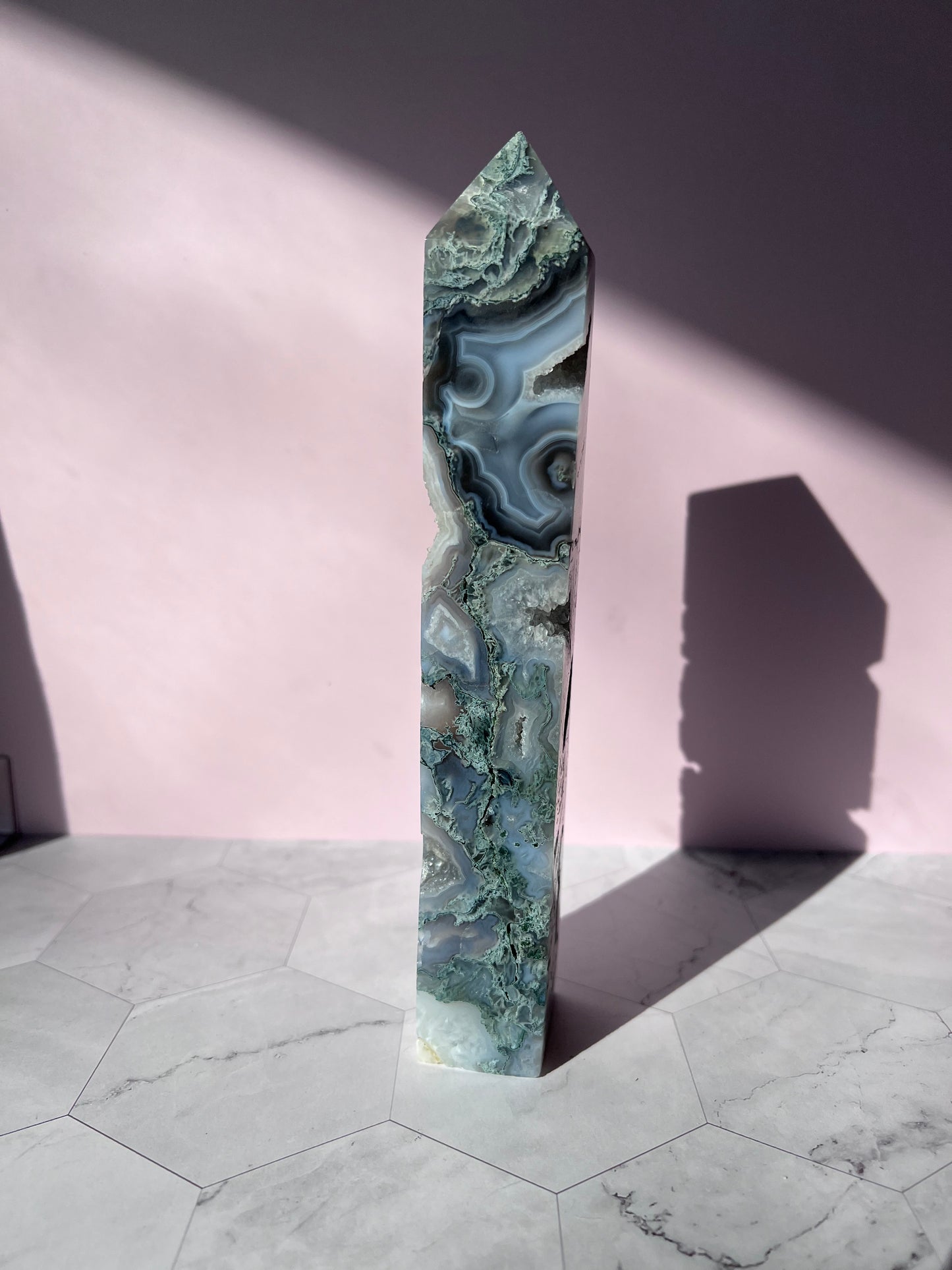 Stunning Druzy Moss Agate Tower - C
