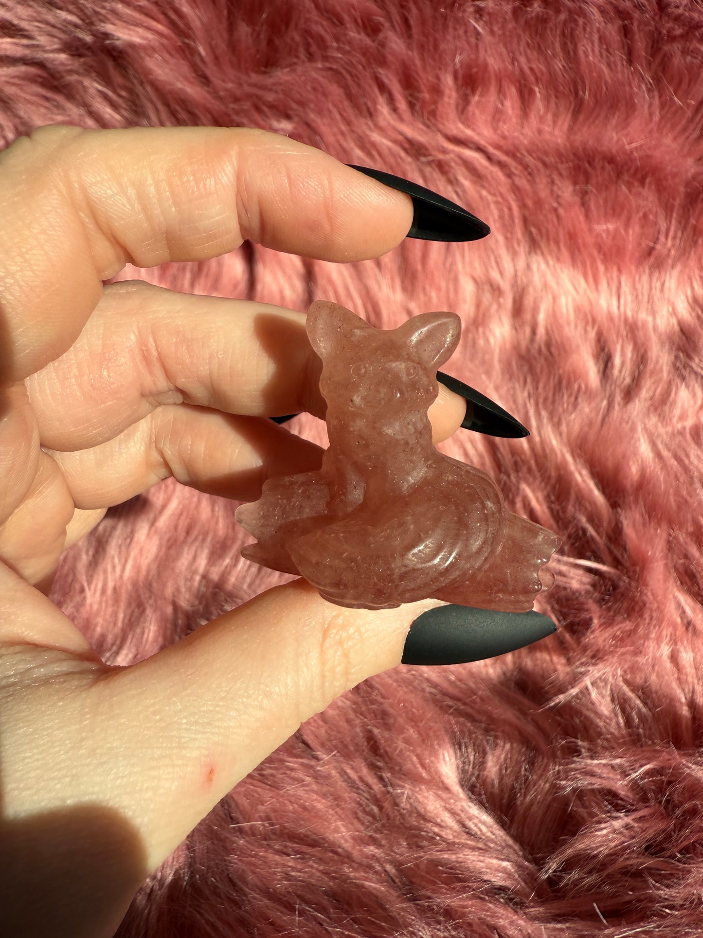 Stunning High Quality Strawberry Quartz Fox on a Log Carving