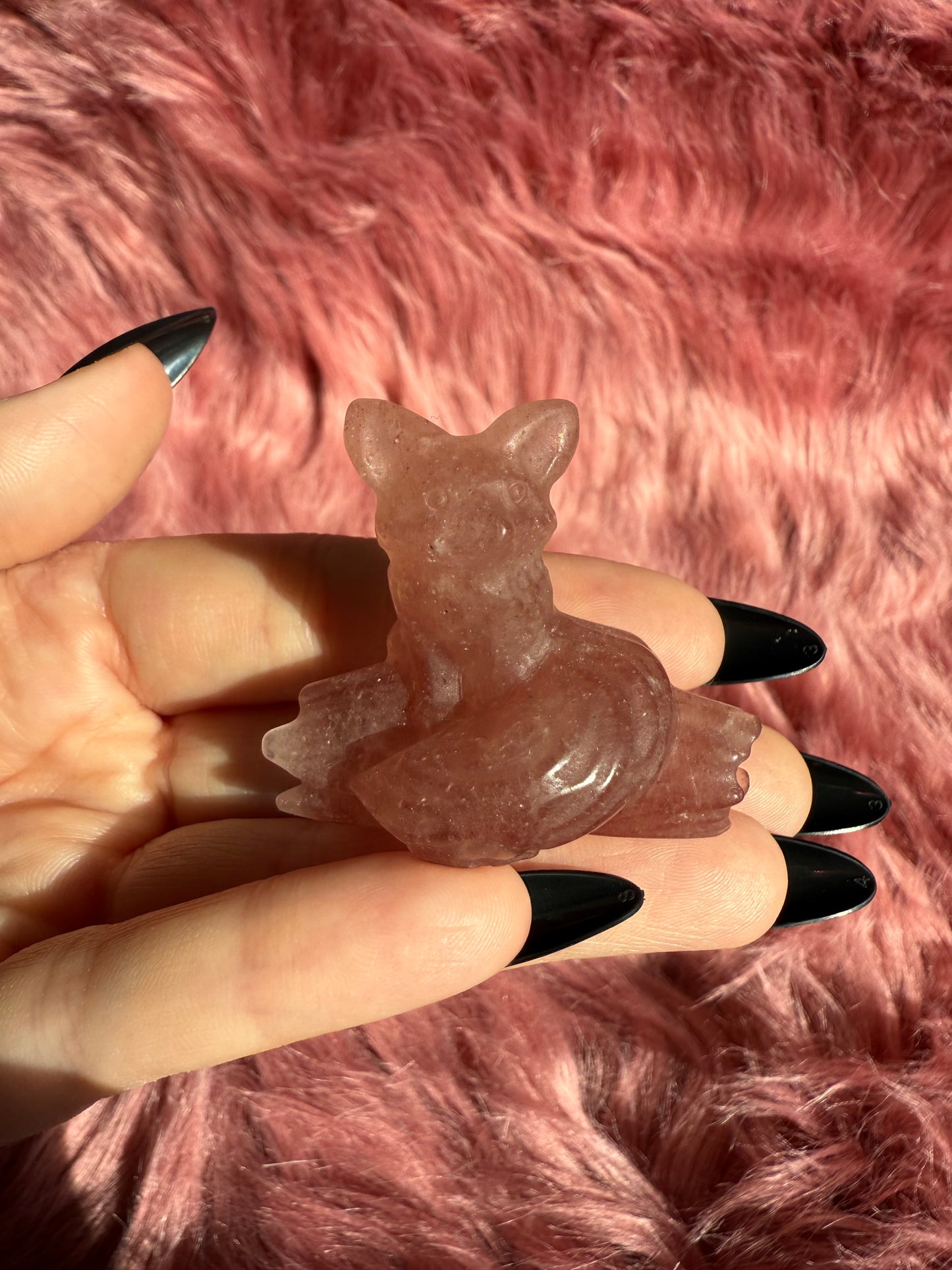 Stunning High Quality Strawberry Quartz Fox on a Log Carving
