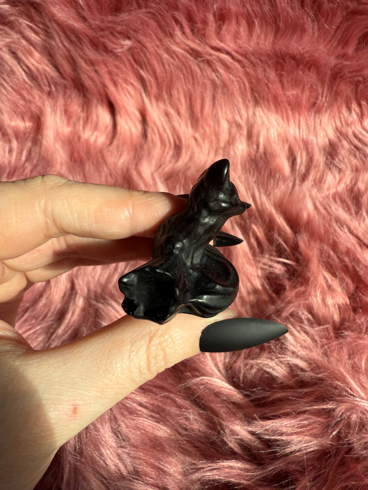 Stunning High Quality Obsidian Fox on a Log Carving