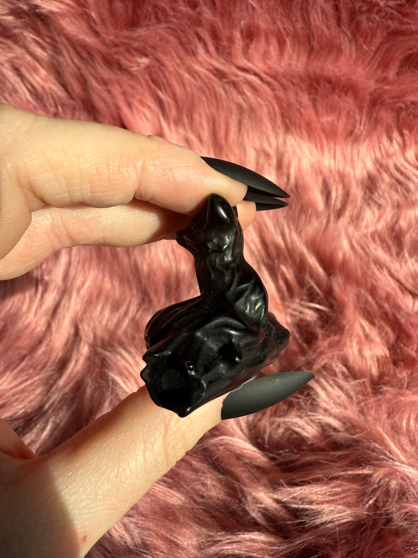 Stunning High Quality Obsidian Fox on a Log Carving