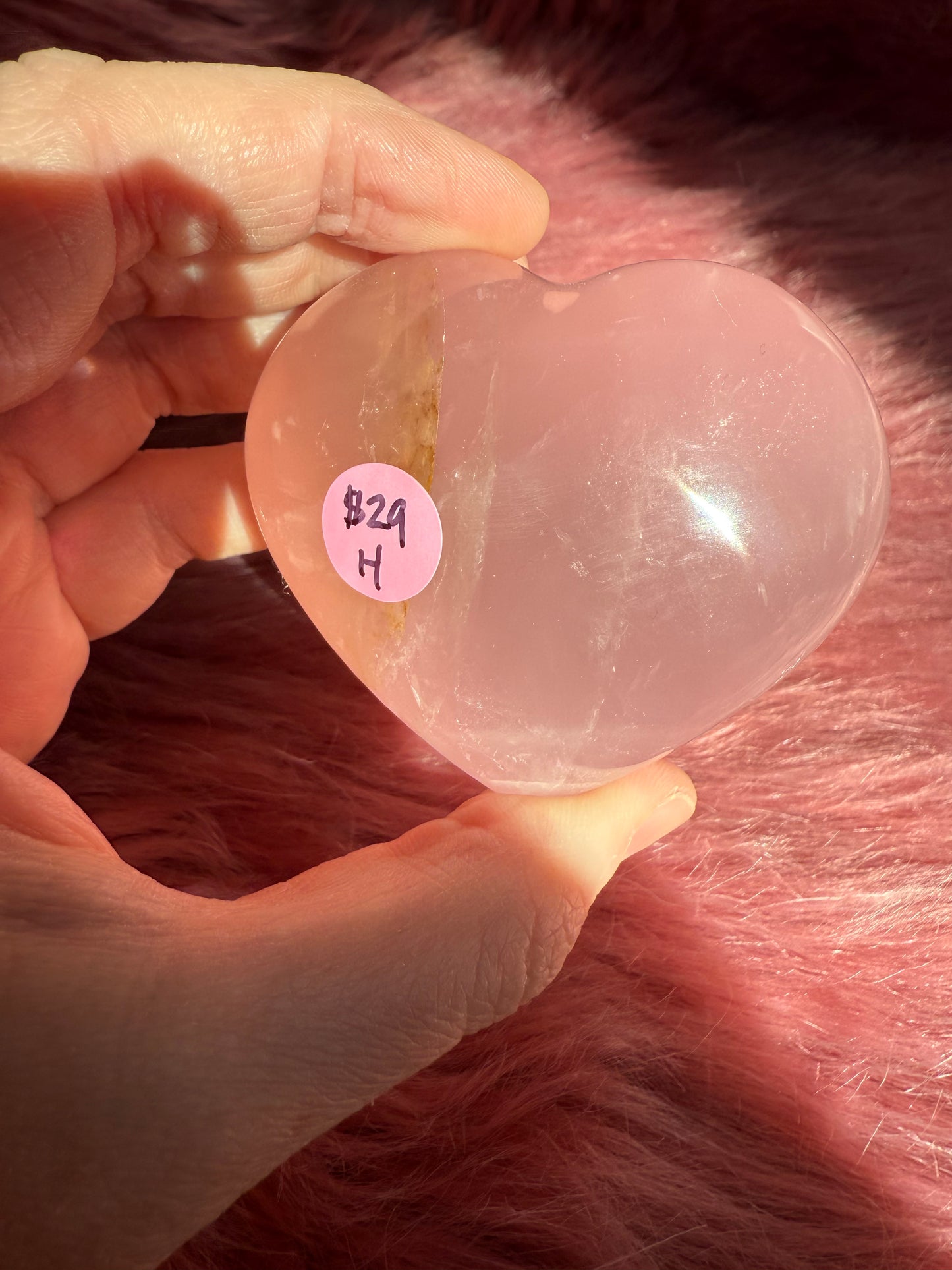 Stunning High Quality Rose Quartz with Golden Healer Puffy Heart Carving - H