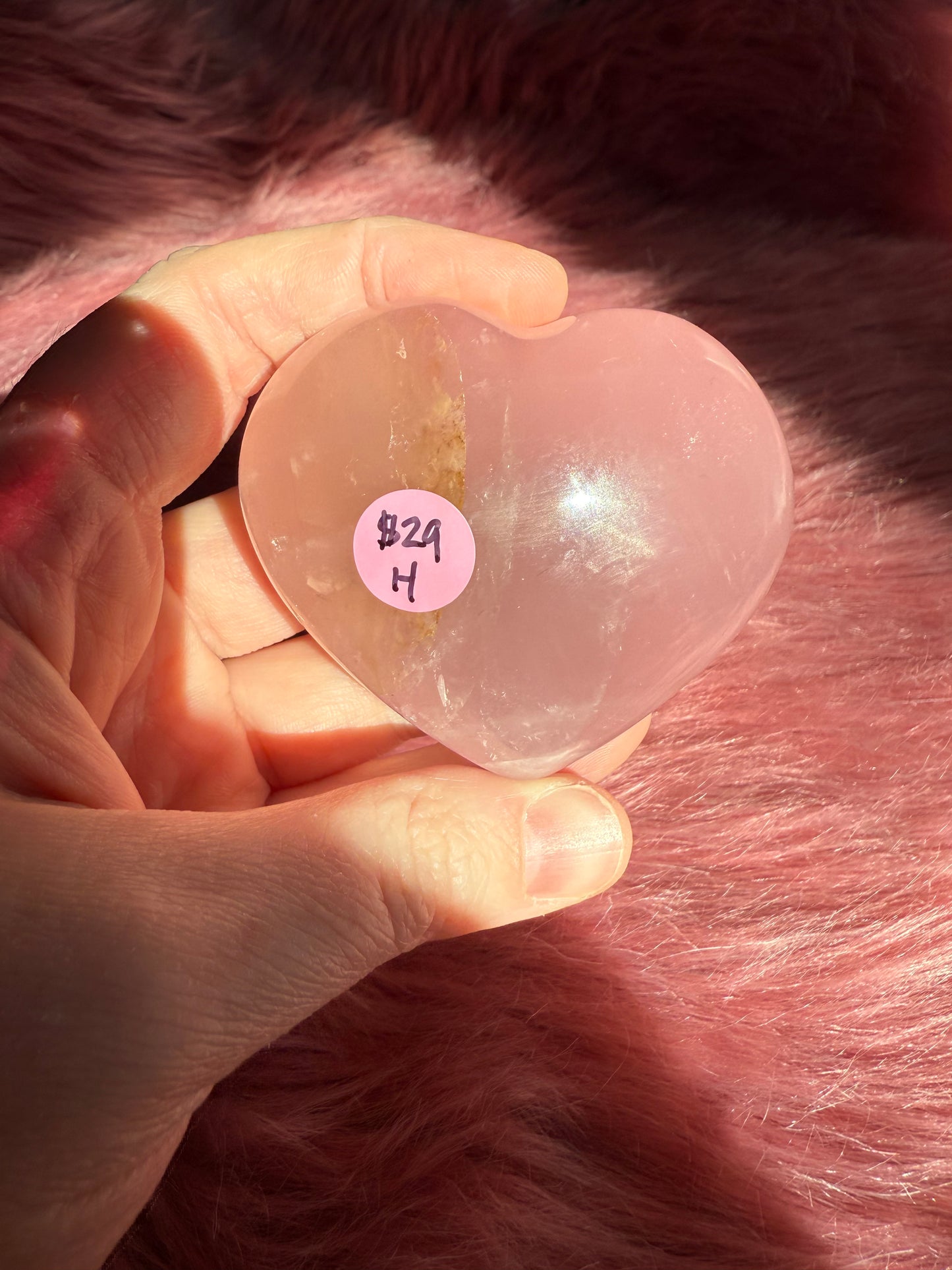 Stunning High Quality Rose Quartz with Golden Healer Puffy Heart Carving - H