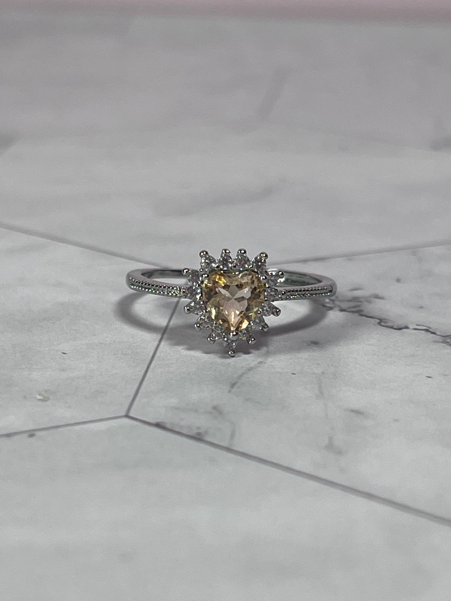 Stunning Heart Shaped Heat Treated Citrine w/ Clear Quartz Halo Adjustable Ring