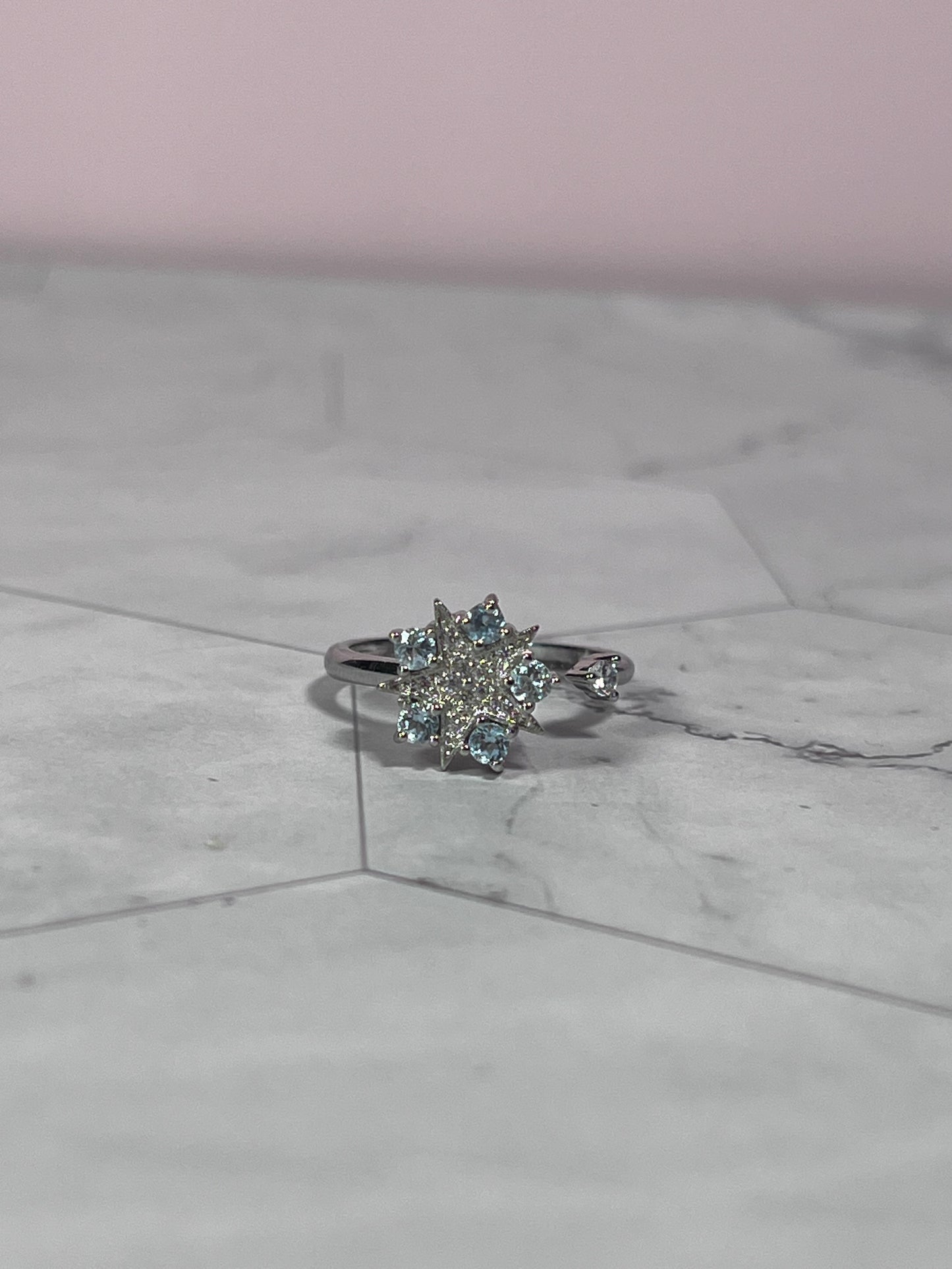 Stunning Aquamarine and Clear Quartz Star Fidget Adjustable Ring