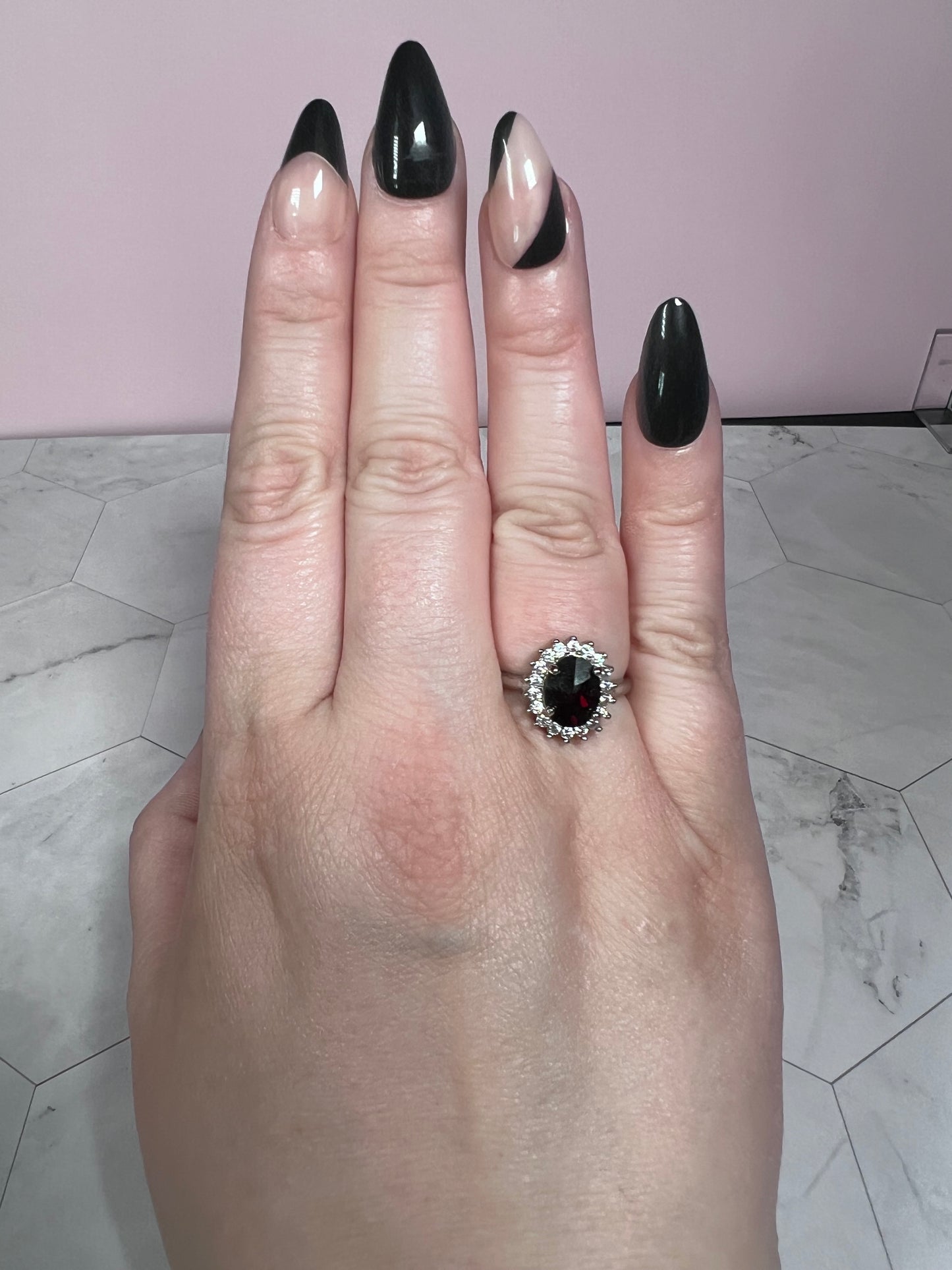 Stunning Garnet with Clear Quartz Halo Adjustable Ring